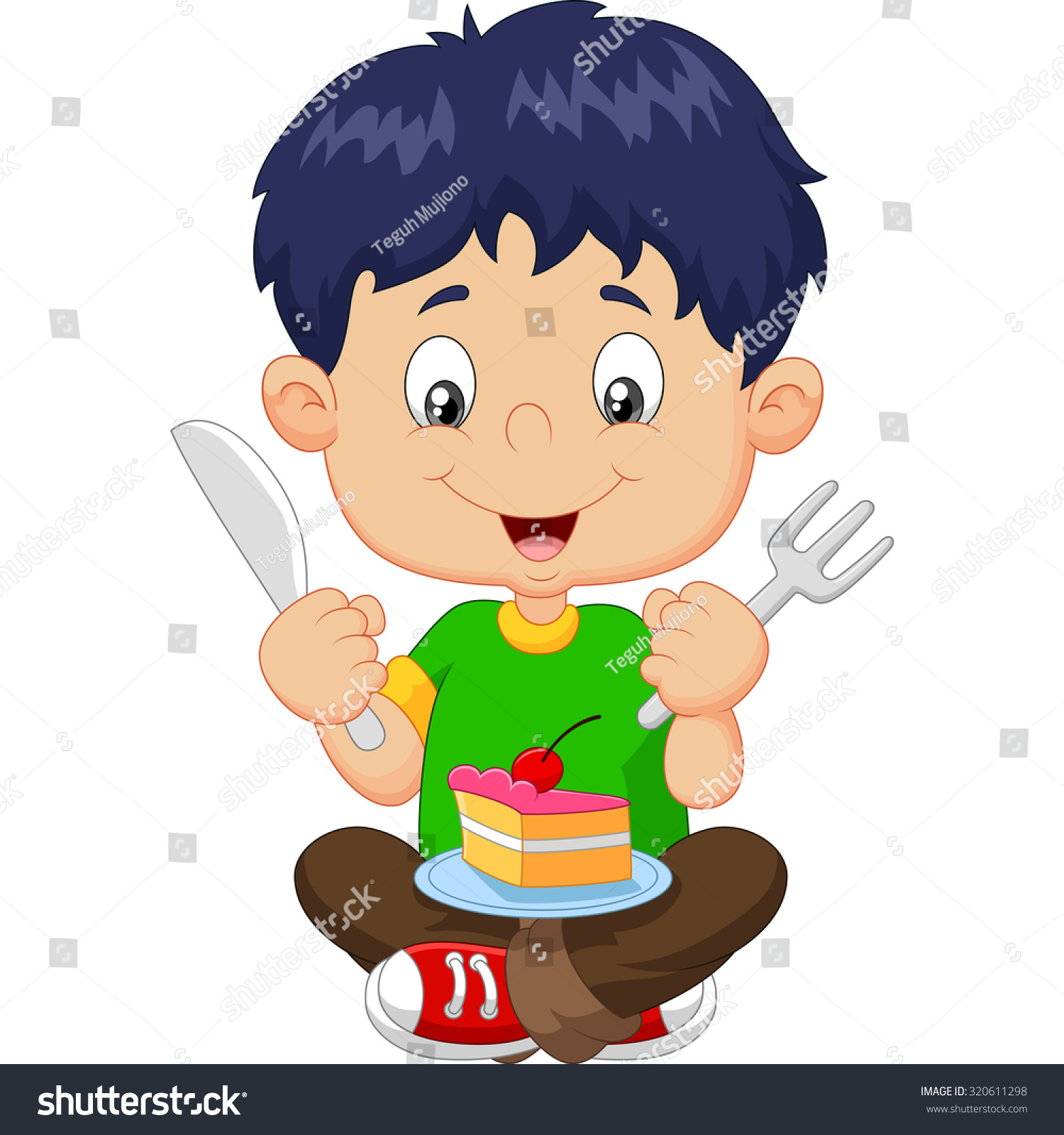 Cartoon Boy Eating Cake Isolated On Stock Vector (Royalty Free ...