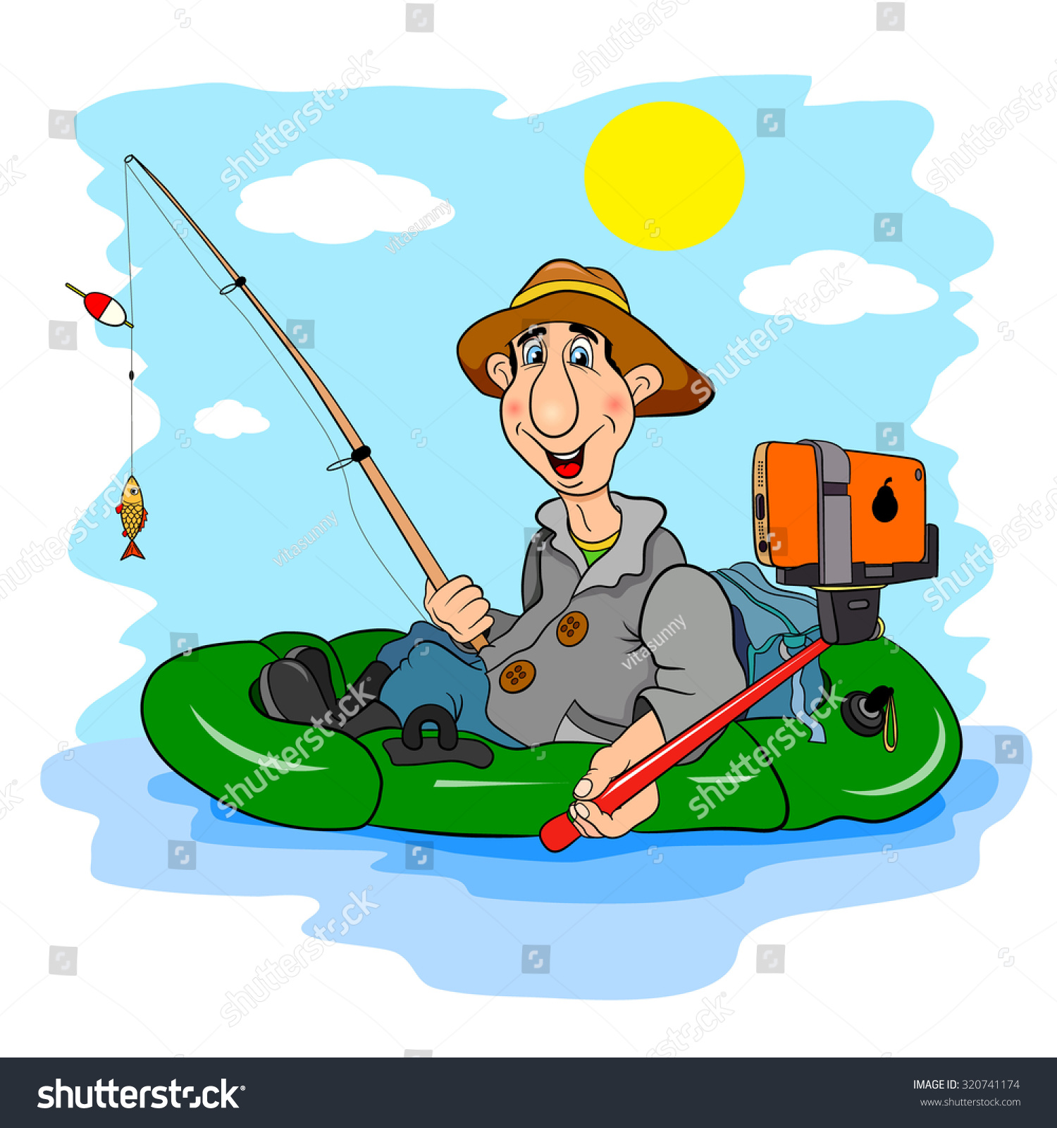 Рыбак с удочкой в лодке