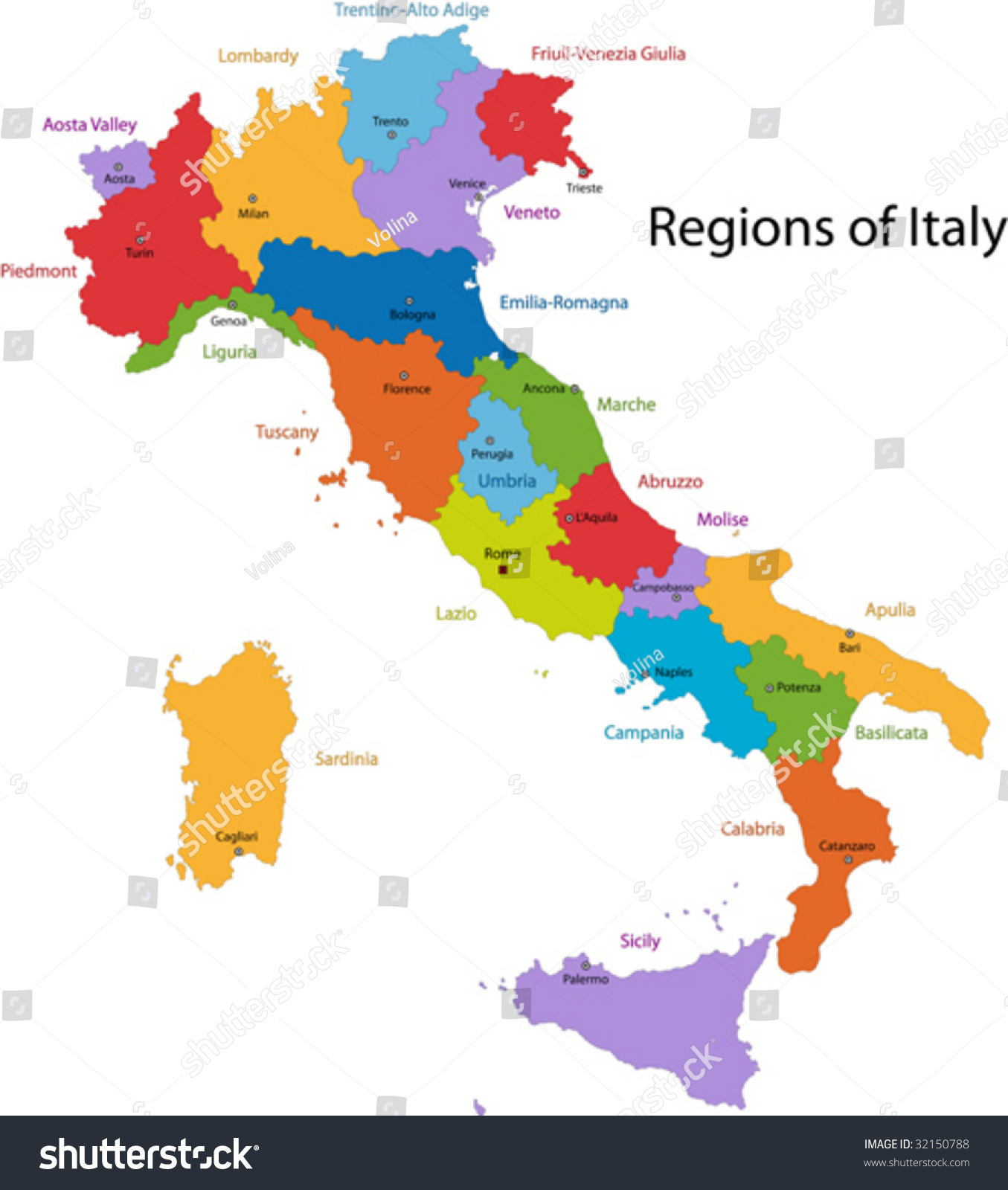 Colorful Italy Map Regions Main Cities Stock Vector Royalty Free
