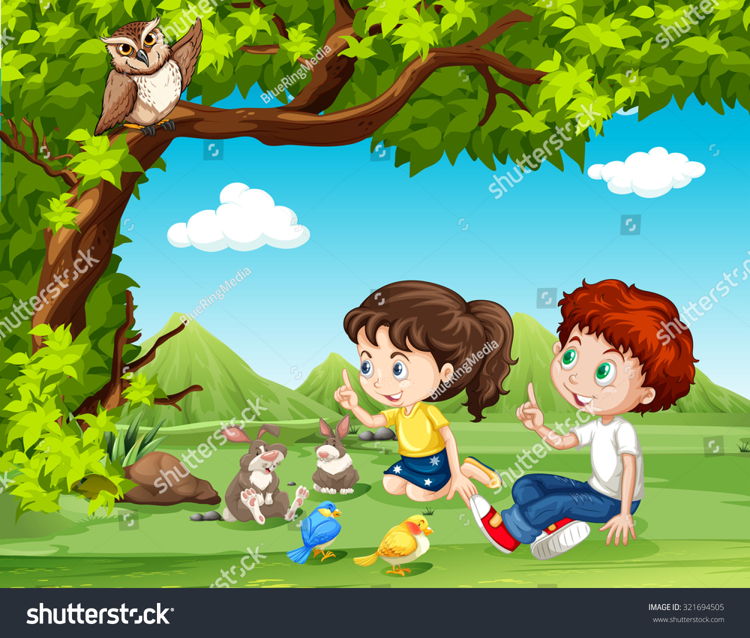 Boy Girl Sitting Under Tree Illustration Stock Vector (Royalty Free ...