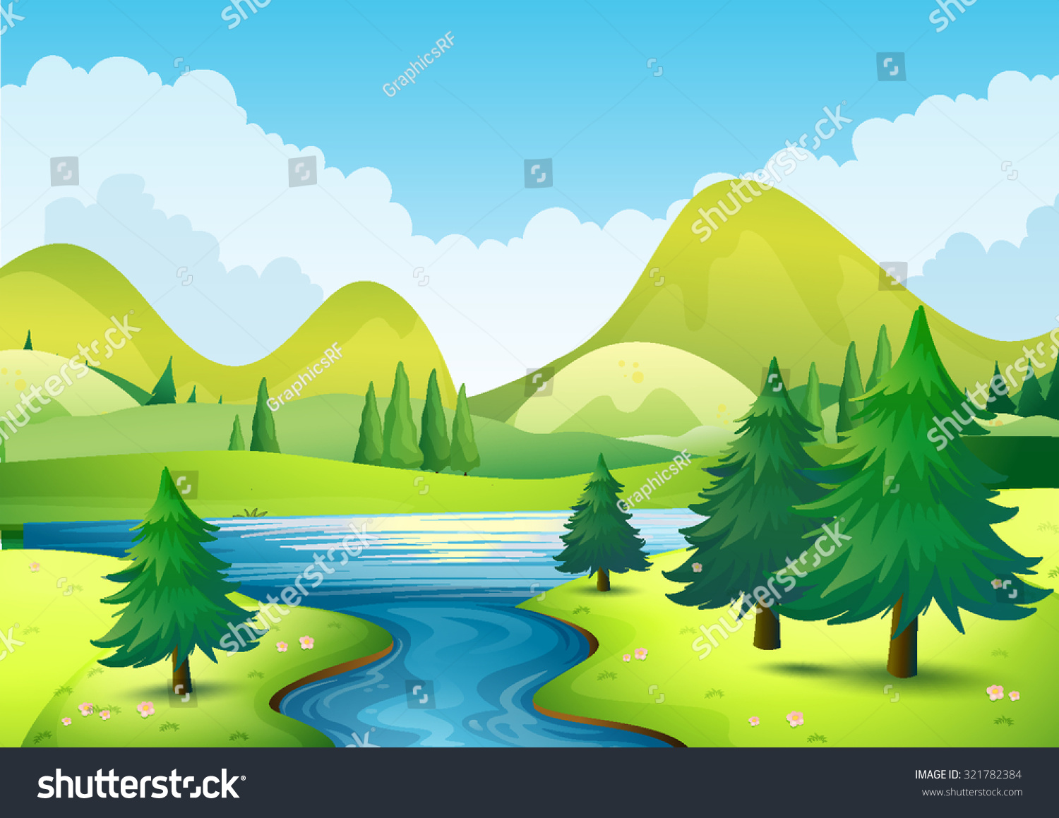 Nature Scene River Hills Illustration Stock Vector (royalty Free 