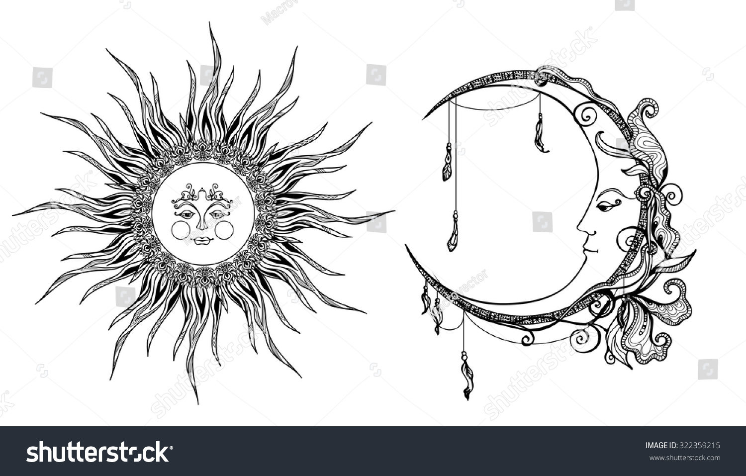 Decorative Sun Moon Antropomorphic Face Hand Stock Vector (Royalty Free ...