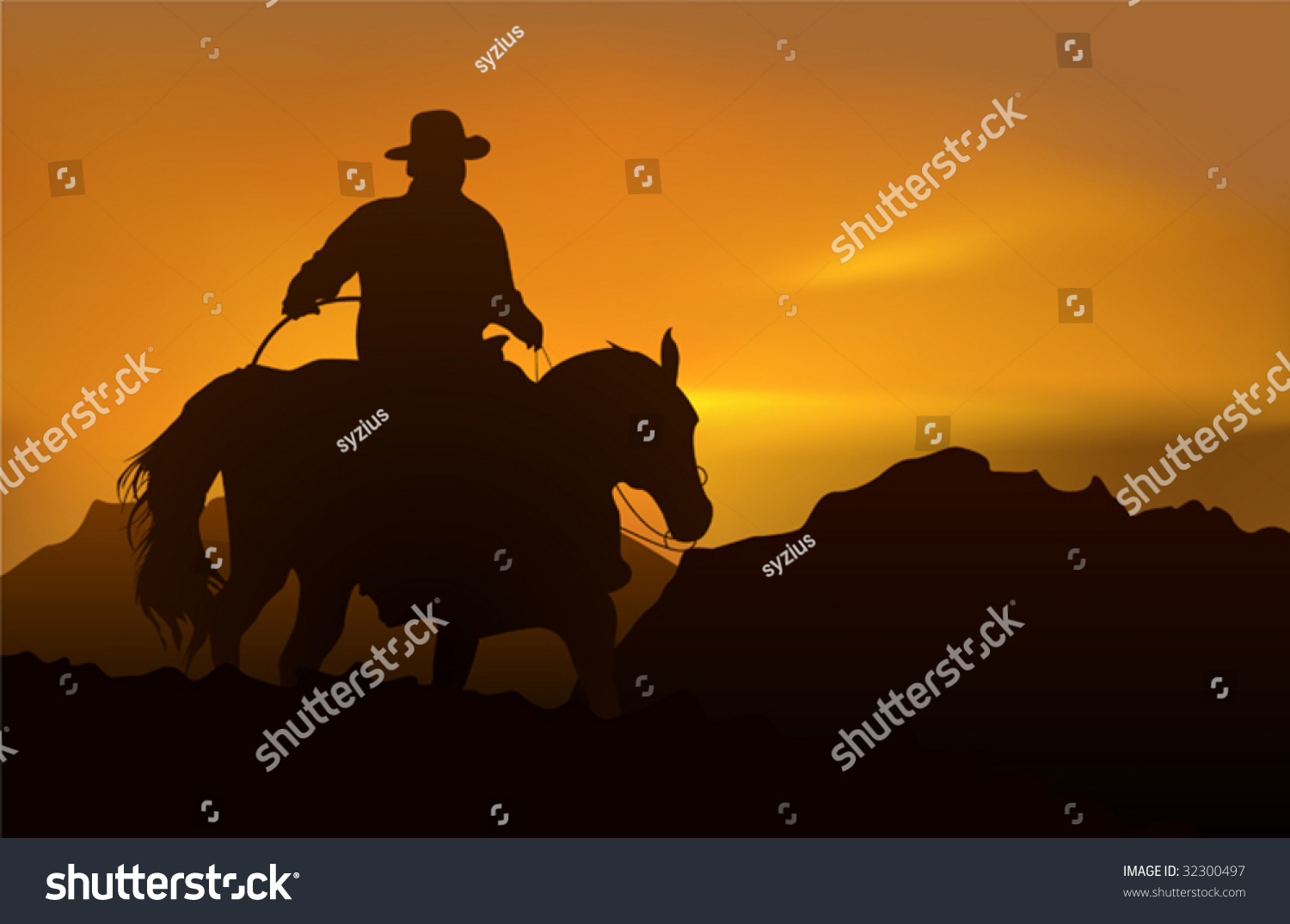 Cowboy Over Realistic Mountains Sunset Stock Vector (Royalty Free ...