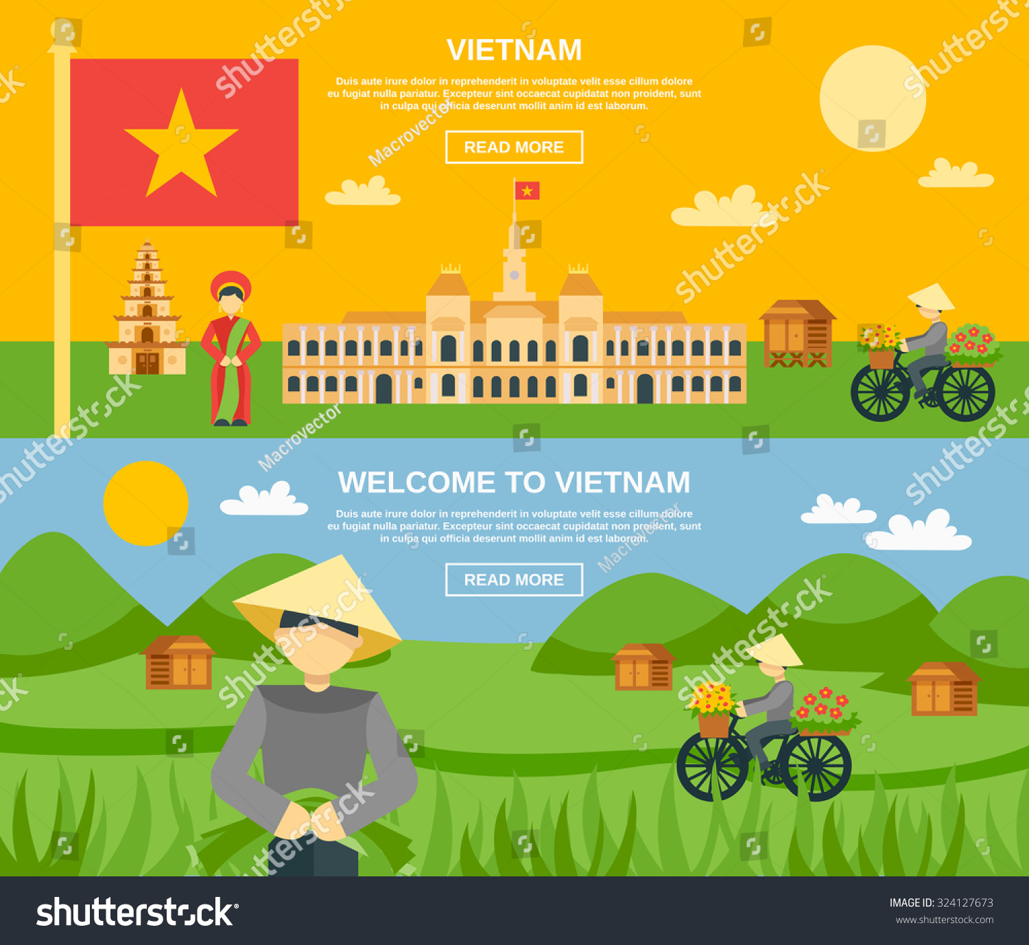 Vietnam Horizontal Banner Set Flat Tourist Stock Vector (Royalty Free ...