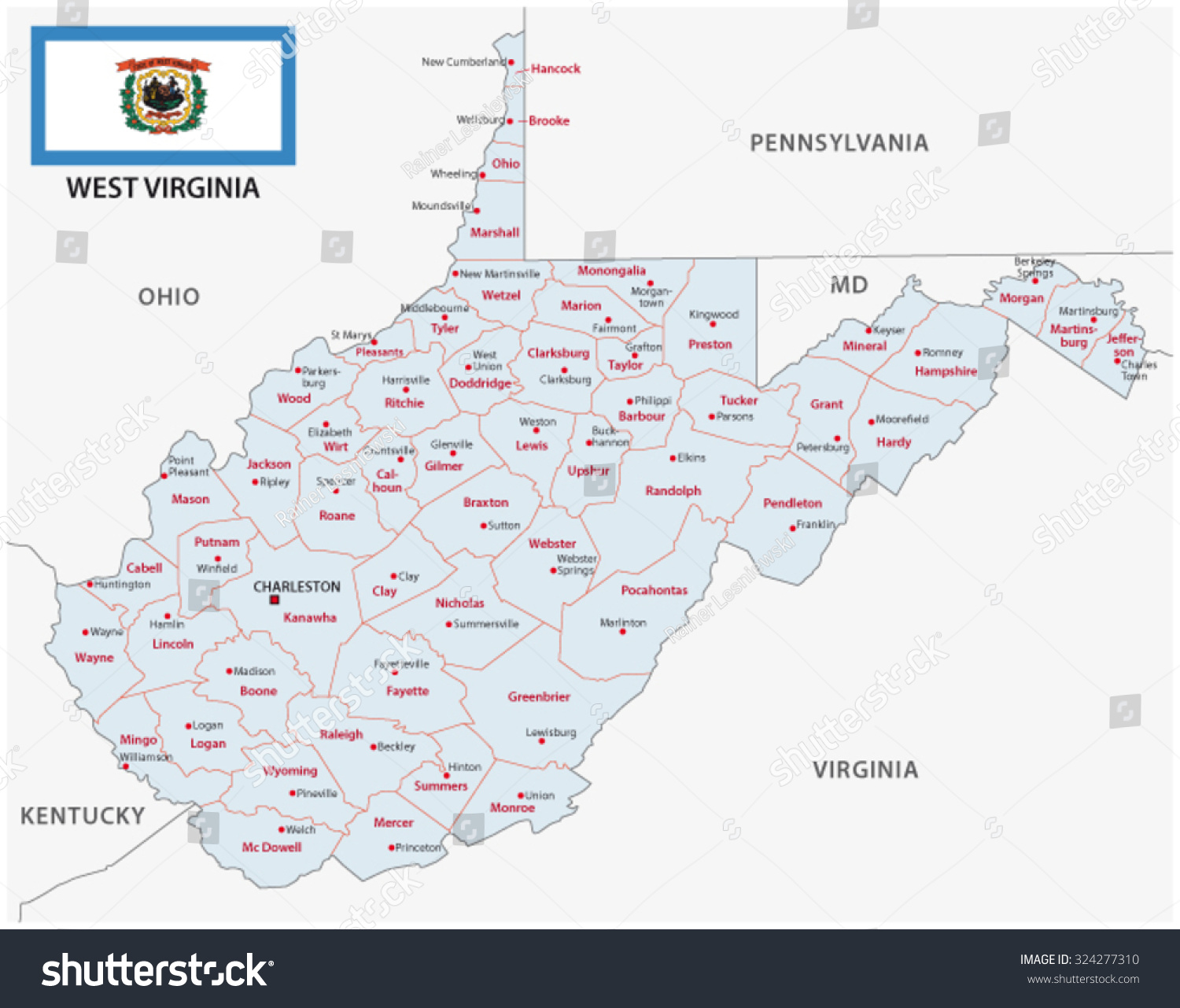 West Virginia Administrative Map Flag Stock Vector (Royalty Free ...