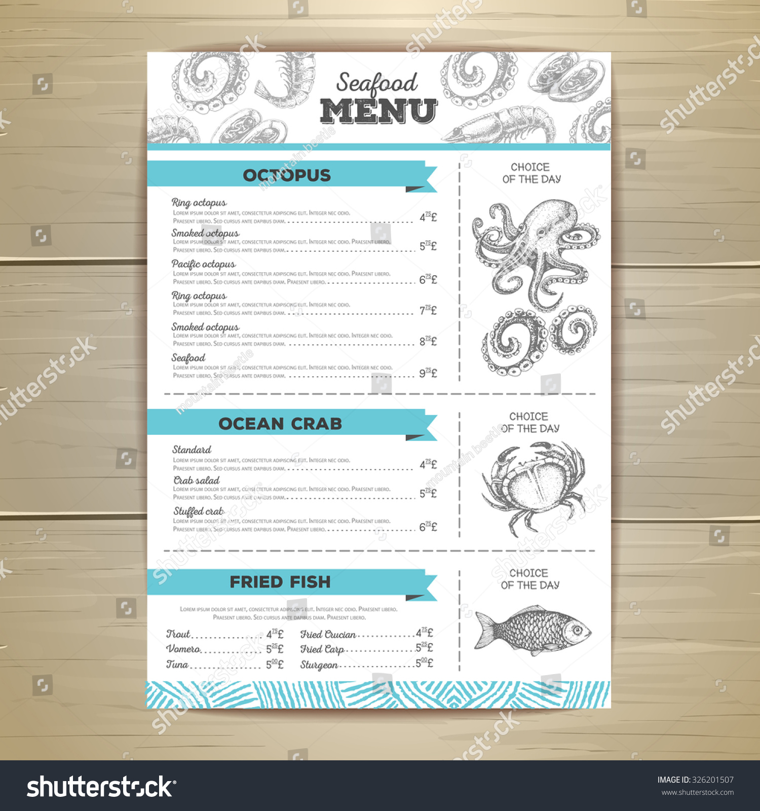 Vintage Seafood Menu Design Stock Vector (Royalty Free) 326201507 ...