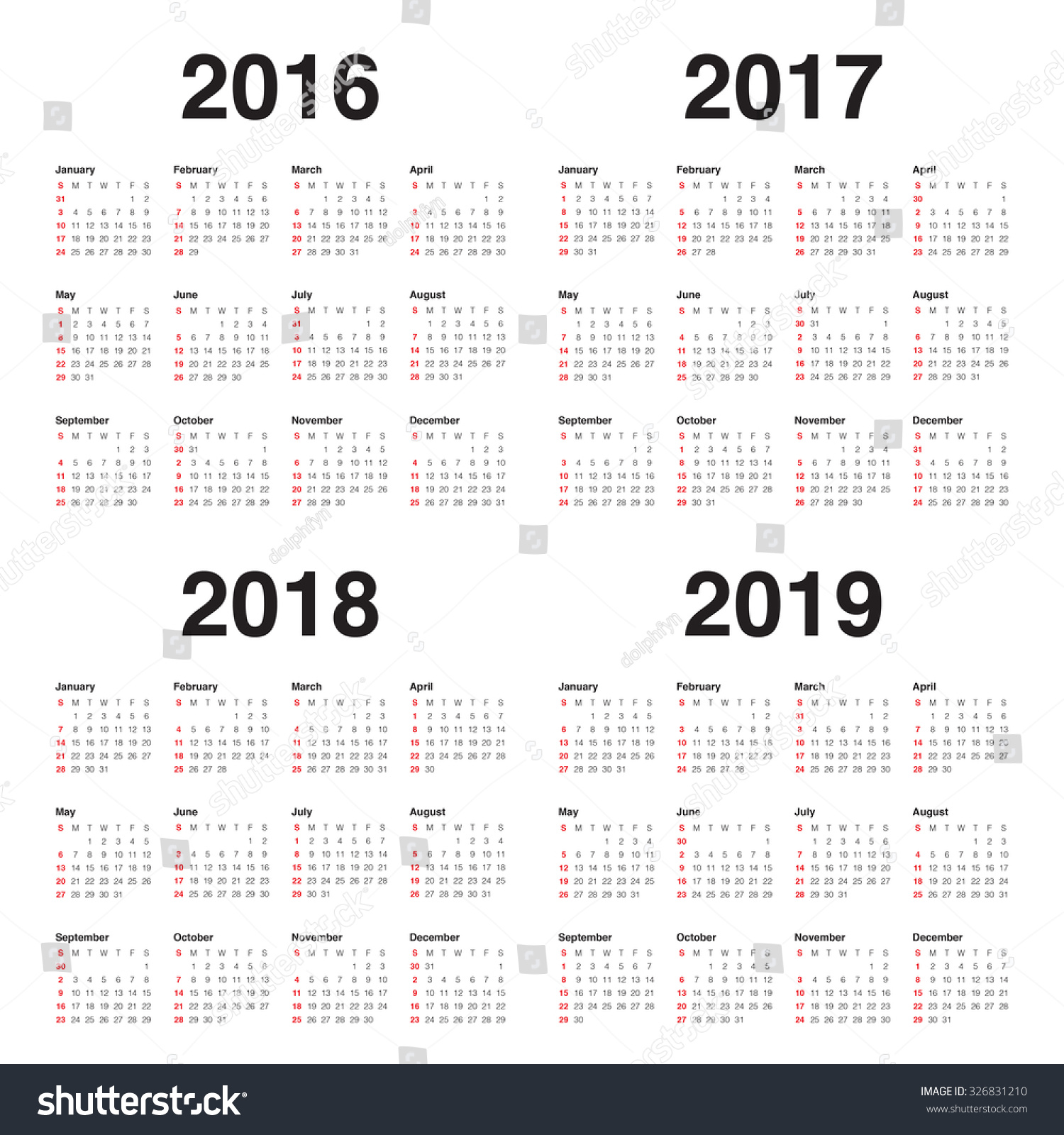 Simple Calendar 2016 2017 2018 2019 Stock Vector (Royalty Free ...