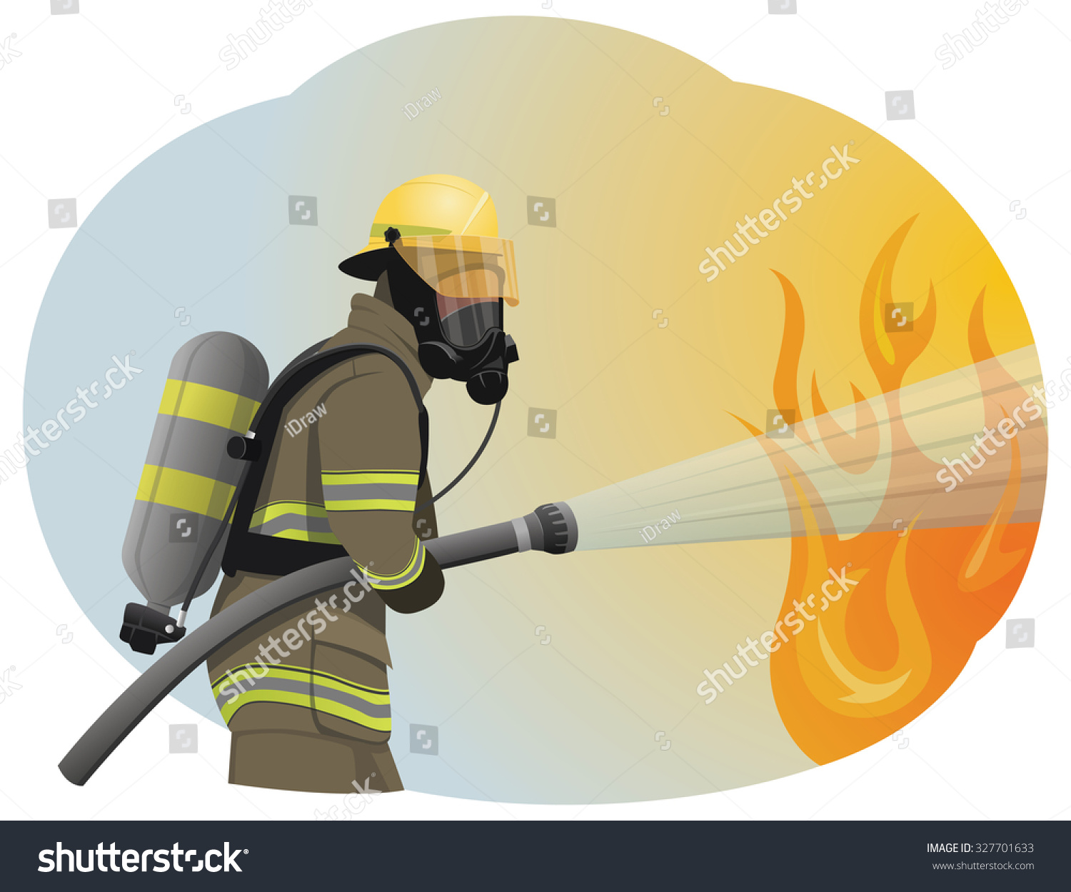 Fireman Extinguishes Fire By Spraying Water Stock Vector (Royalty Free ...