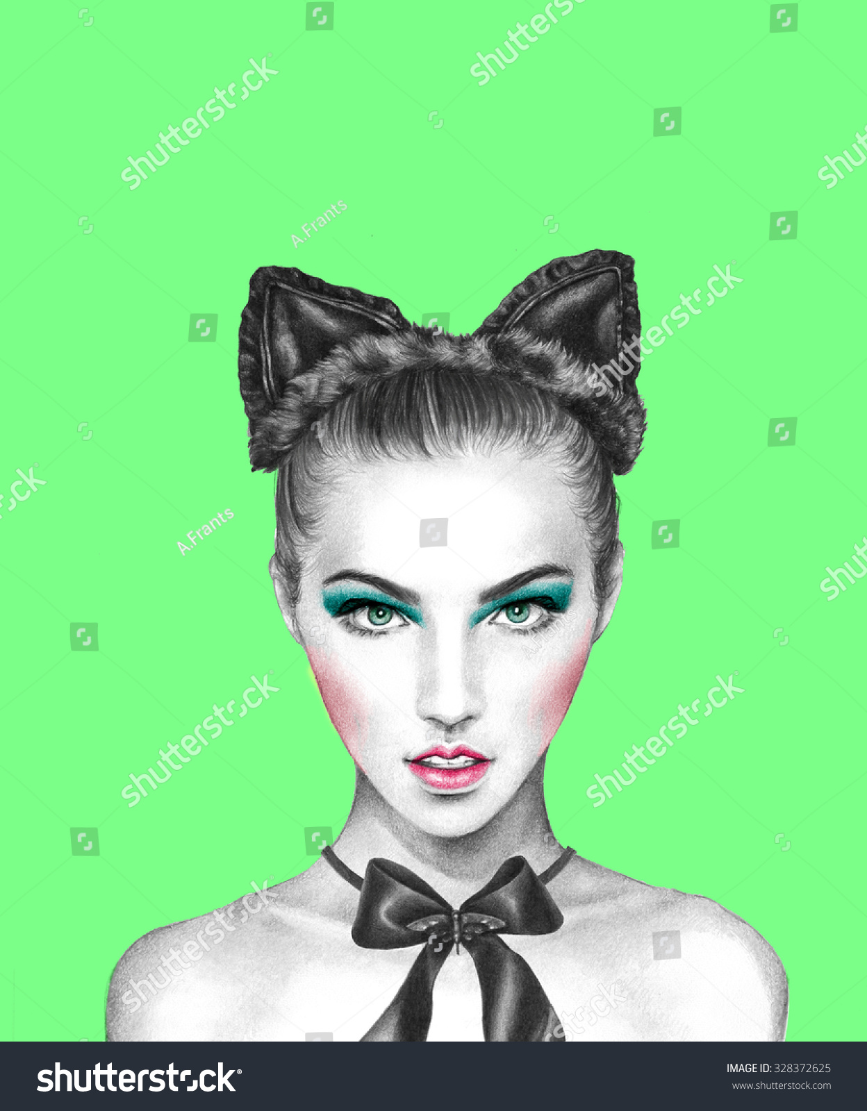 Freehand Drawing Pretty Girl Cat Ears Stock Illustration 328372625