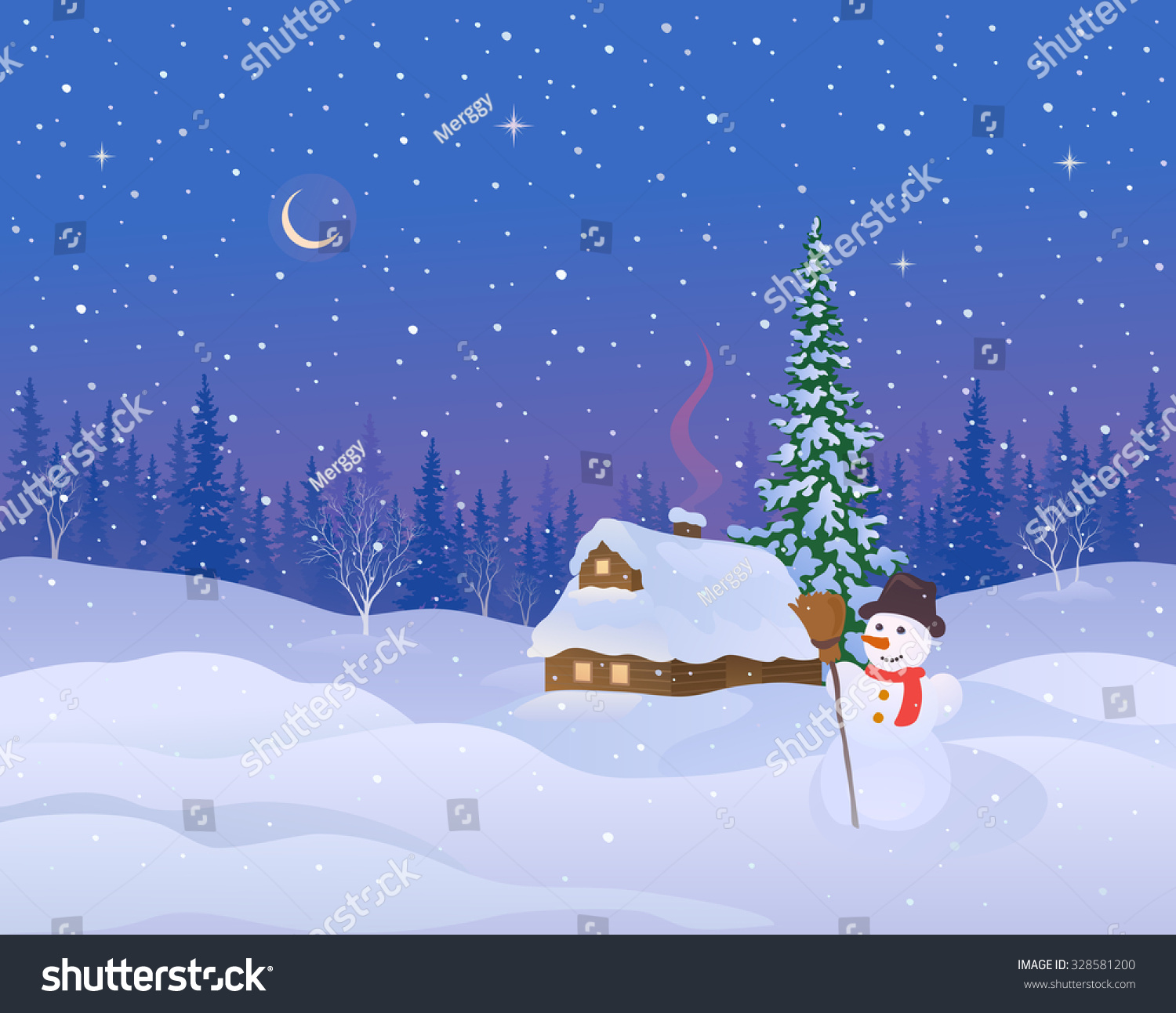 Vector Illustration Beautiful Winter Night Landscape Stock Vector ...