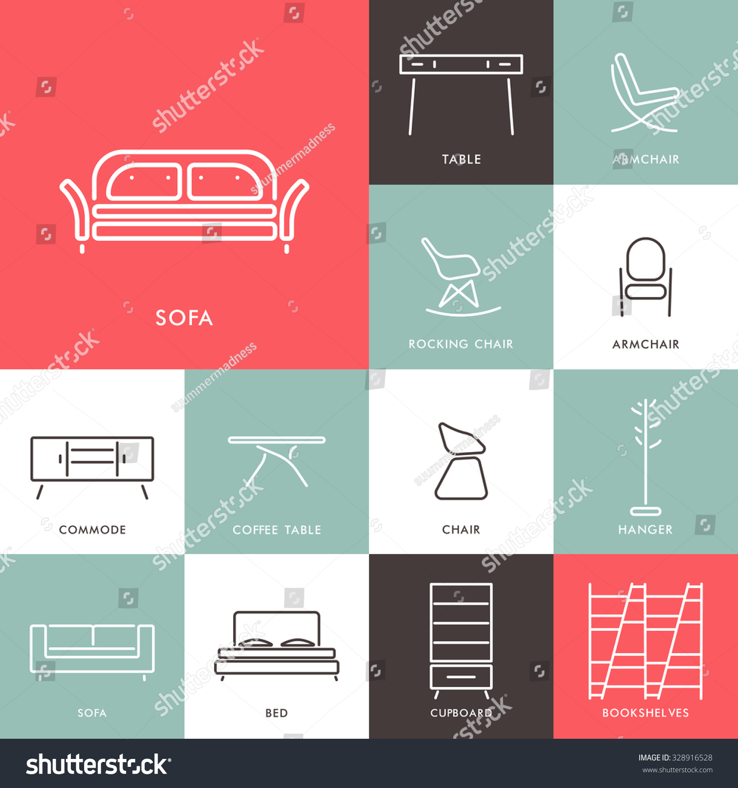 Stock Vector Collection Of Outline Modern Furniture Symbols And Icon Elements Of Interior Template For Design 328916528 