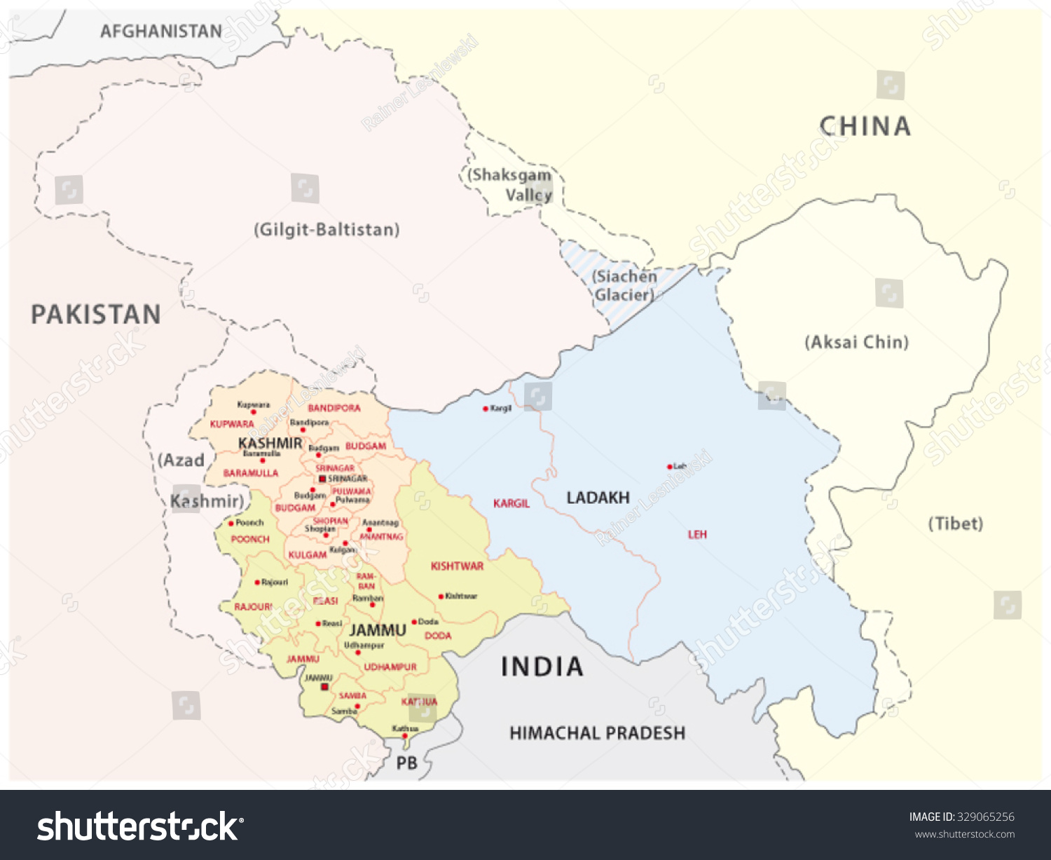 Jammu Kashmir Administrative Map Stock Vector (Royalty Free) 329065256 ...