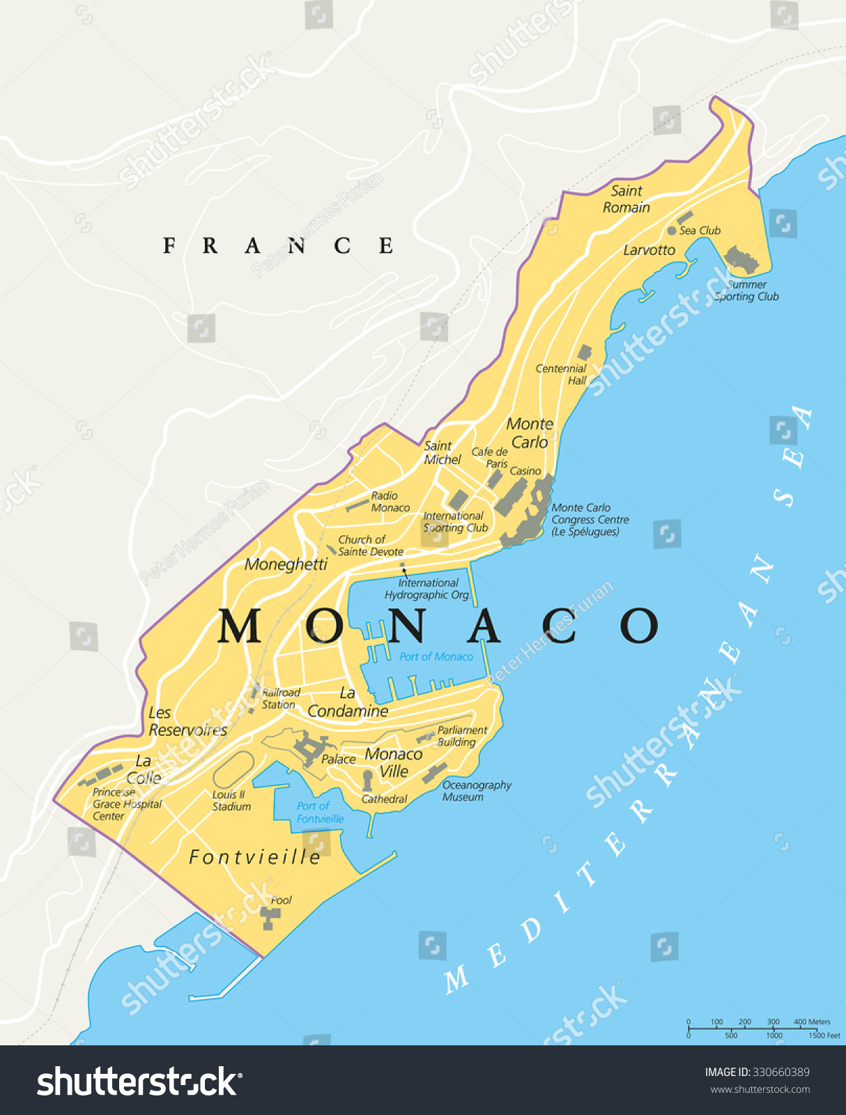Stock Vector Monaco Political Map City State In On The French Riviera France With National Borders Important 330660389 