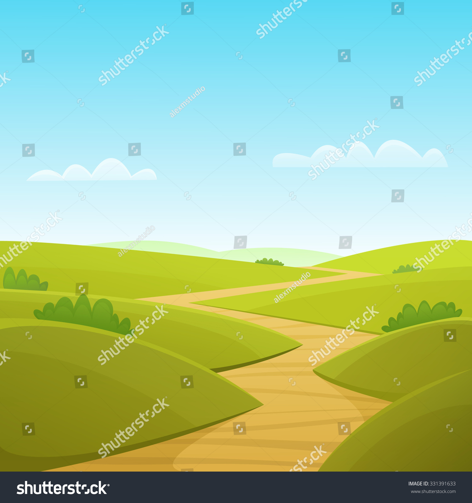 Cartoon Illustration Summer Landscape Country Road Stock Vector ...