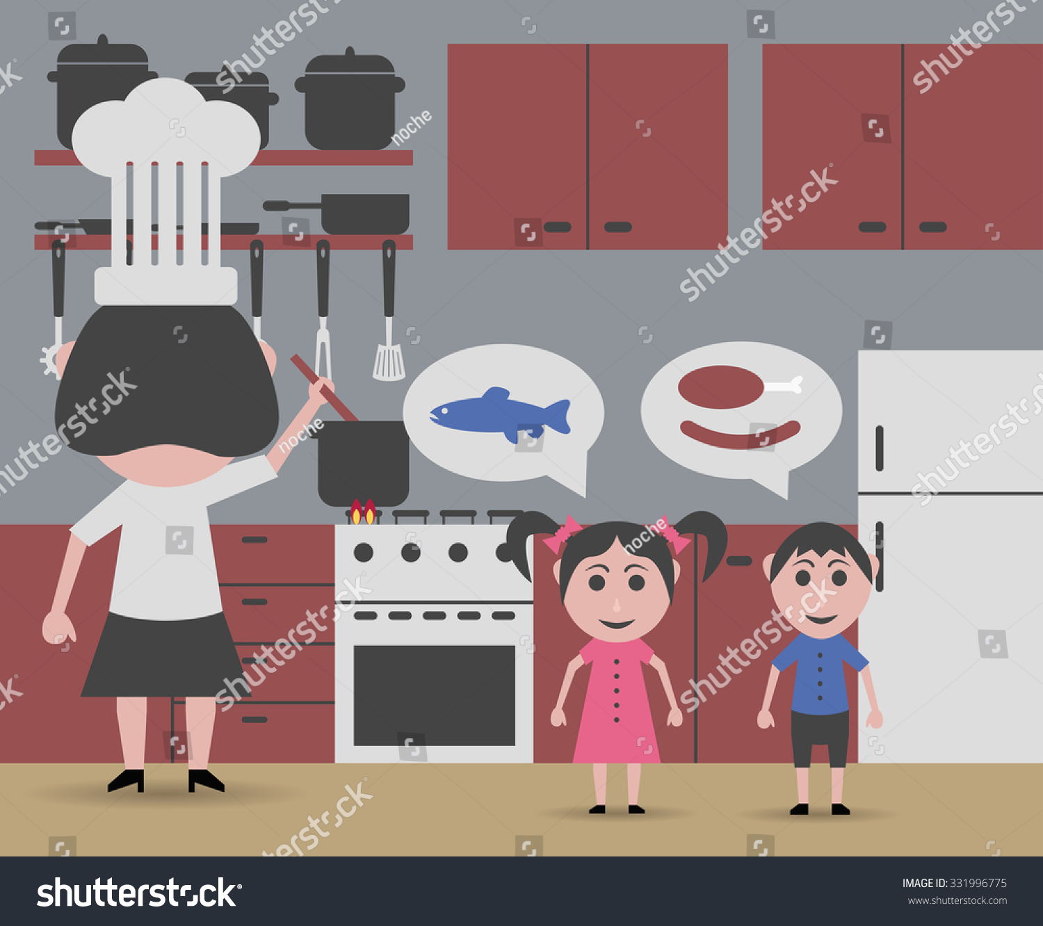 Woman Cooking Children Waiting Eat Stock Vector (Royalty Free ...