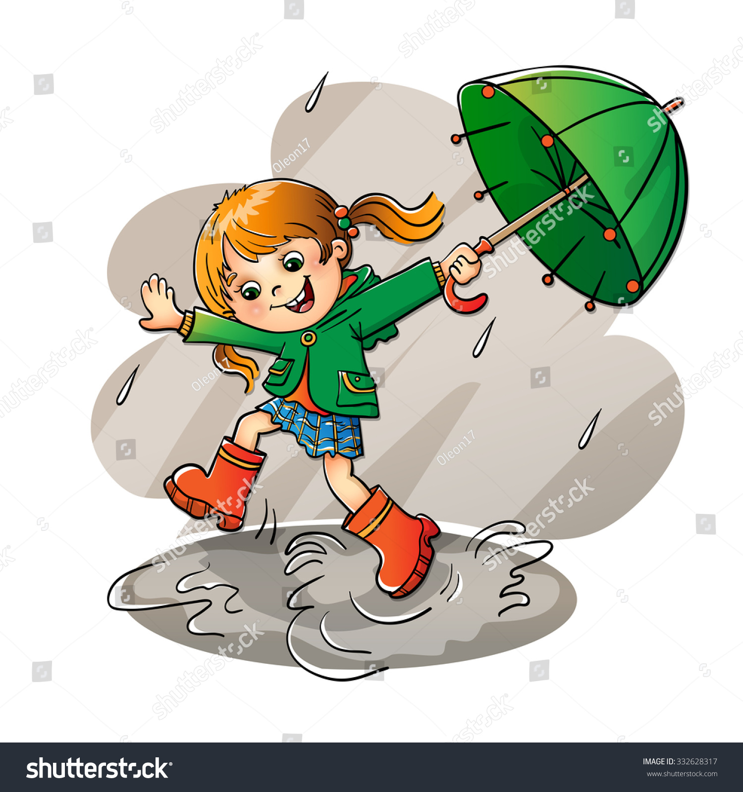 Joyful Girl Jumping Rain Green Umbrella Stock Vector (Royalty Free ...