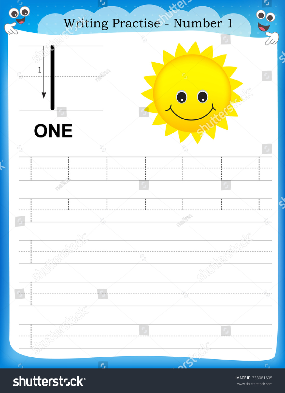 Writing Practice Number One Printable Worksheet Stock Illustration