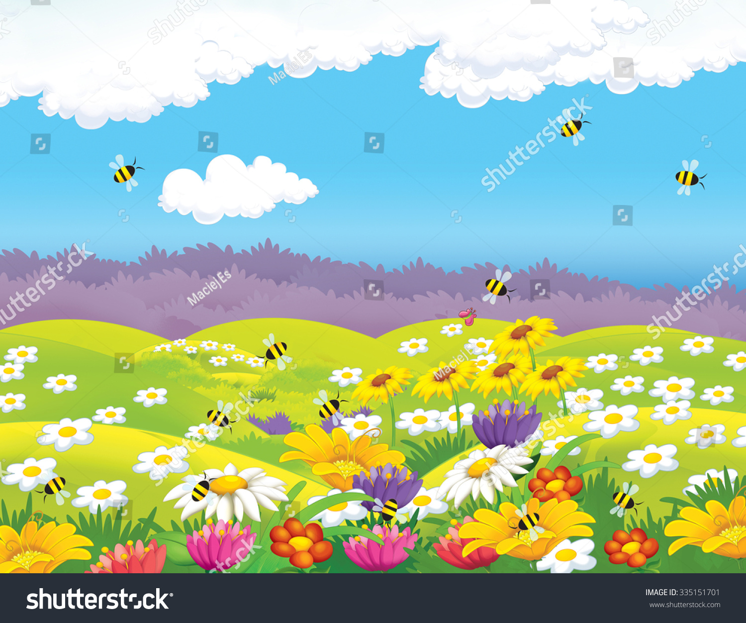 Happy Cartoon Meadow Scene Illustration Children Stock Illustration ...