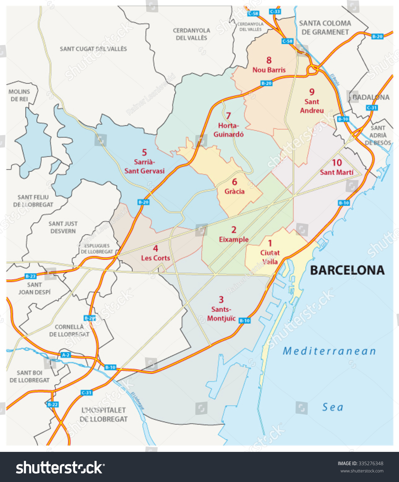 Barcelona Road Administrative Map Stock Vector (Royalty Free) 335276348