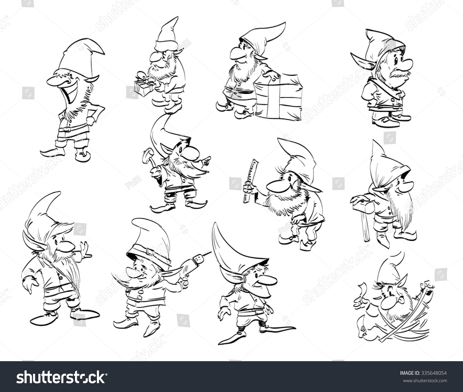 Set Cartoony Line Drawings Christmas Elfs Stock Vector (Royalty Free ...