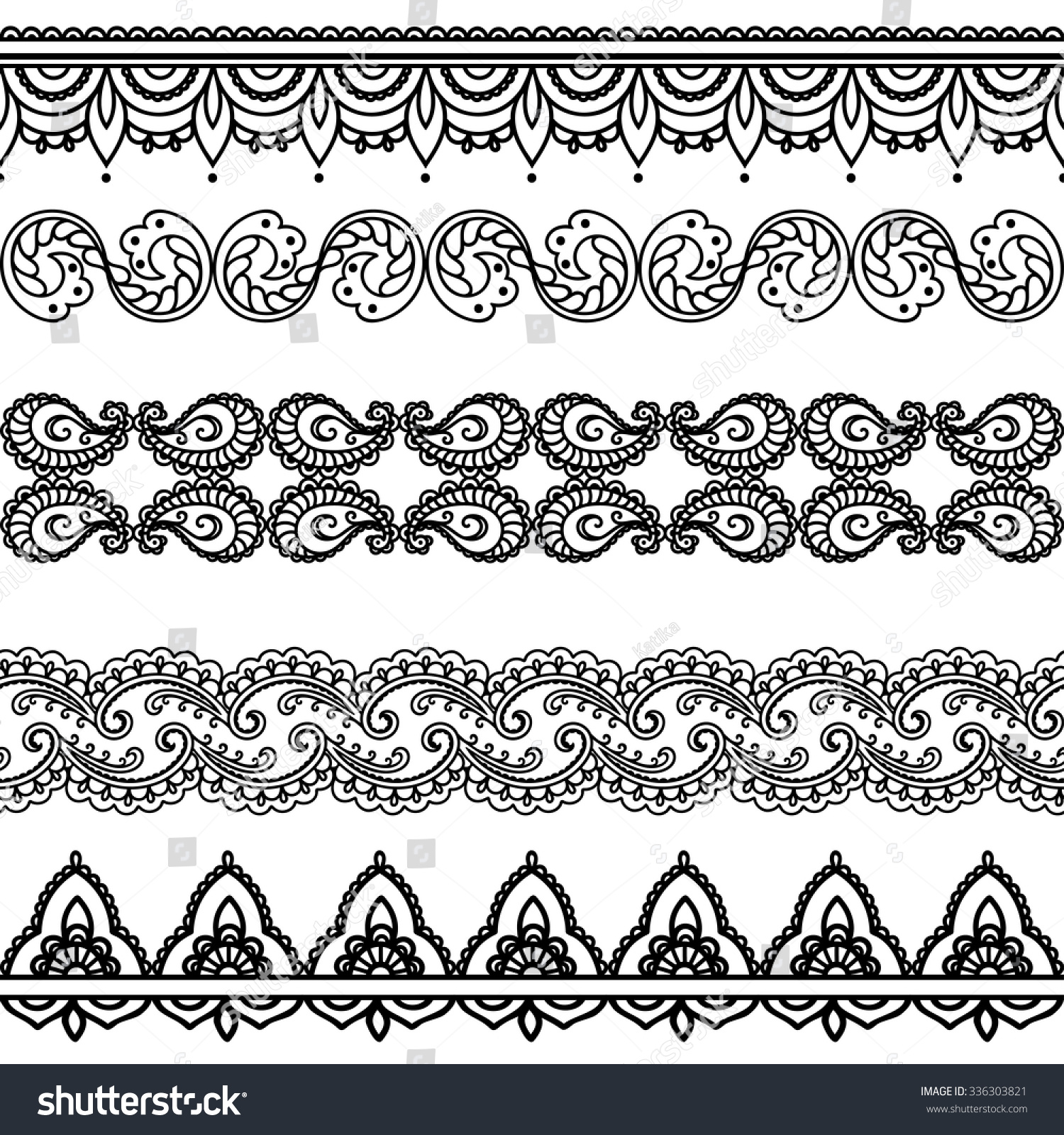 Set Seamless Borders Design Application Henna Stock Vector (Royalty ...