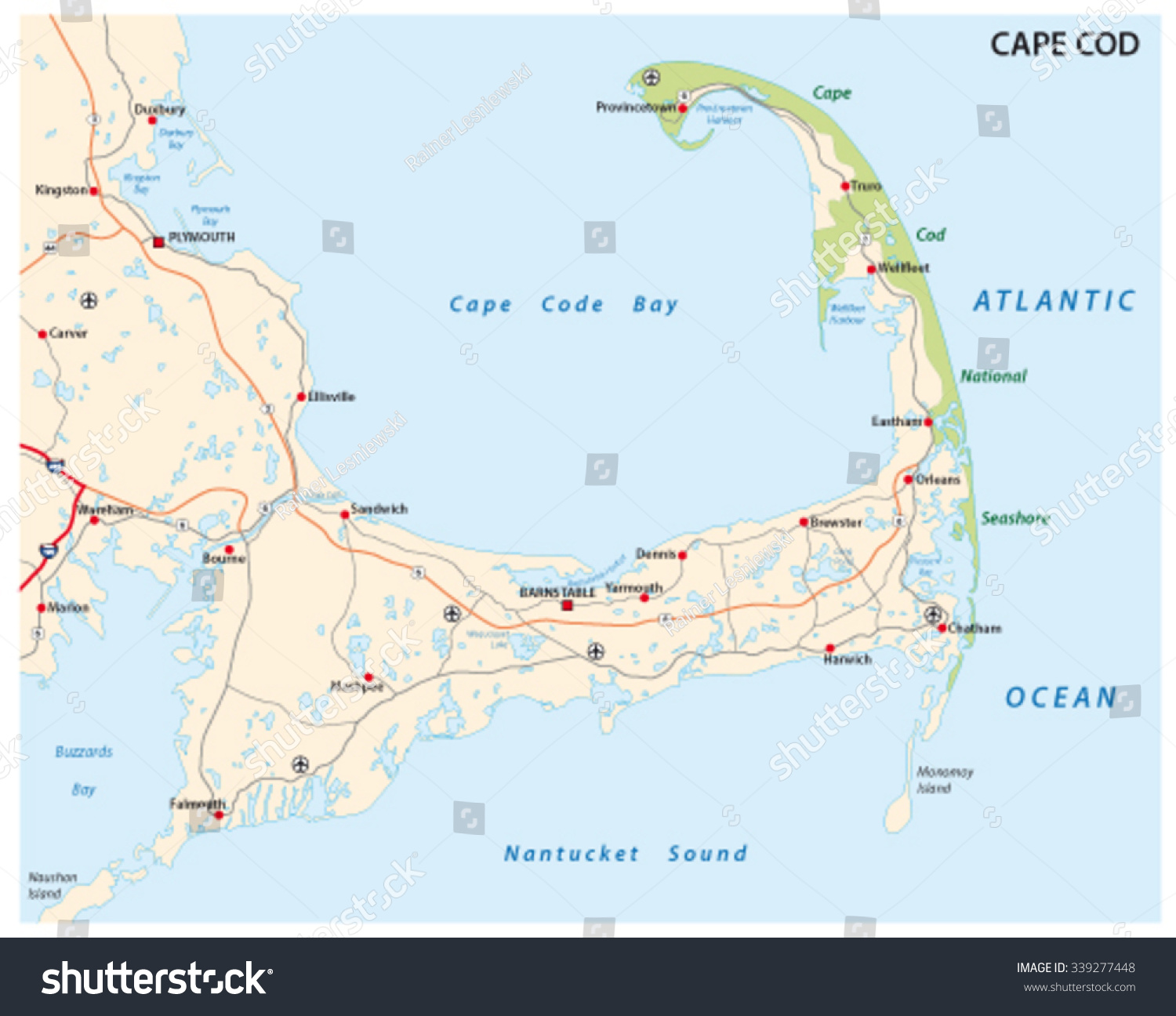 Cape Cod Road Map Stock Vector Royalty Free 339277448 Shutterstock   Stock Vector Cape Cod Road Map 339277448 