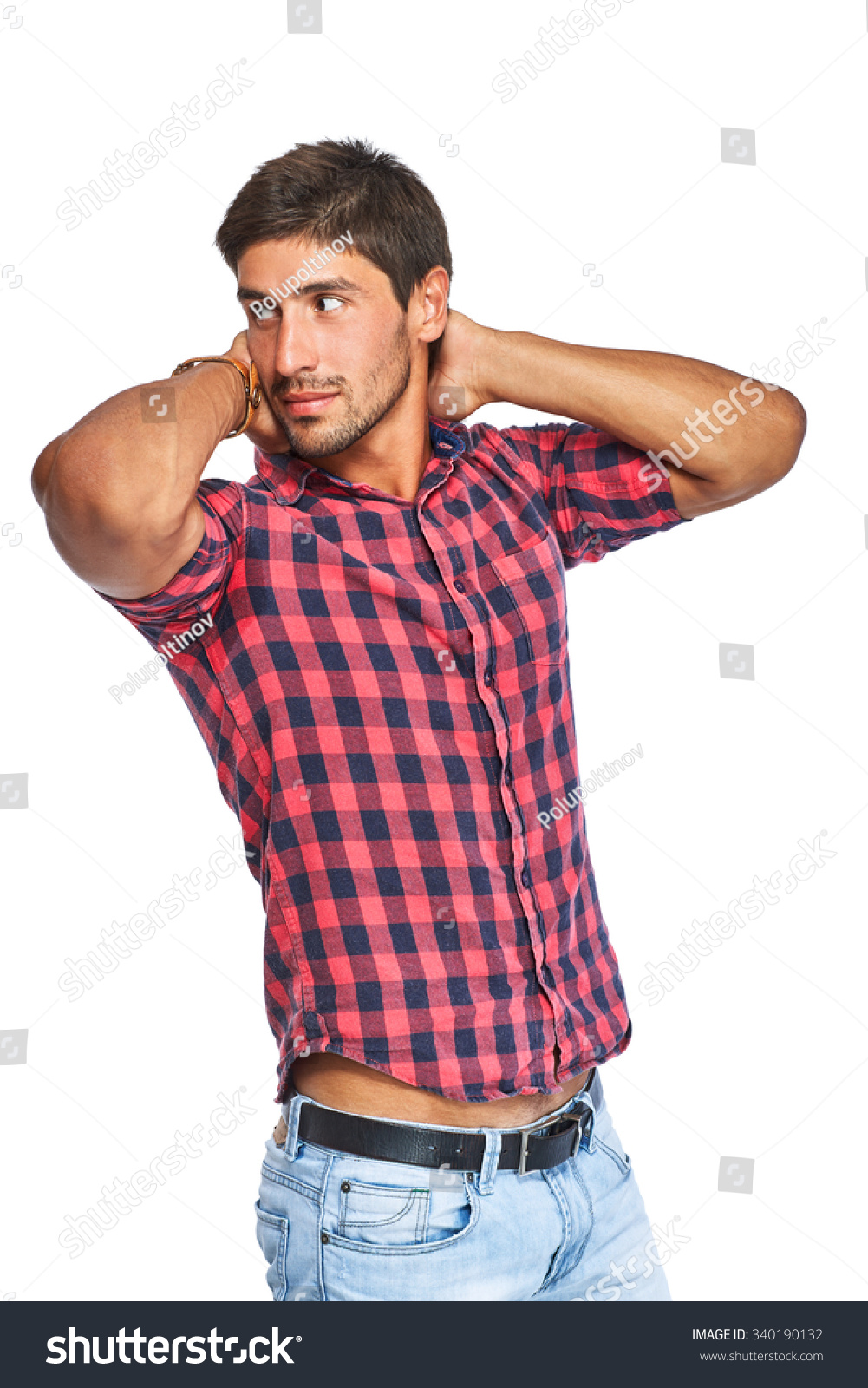 Young Guy Red Shirt Holding His Stock Photo 340190132 | Shutterstock