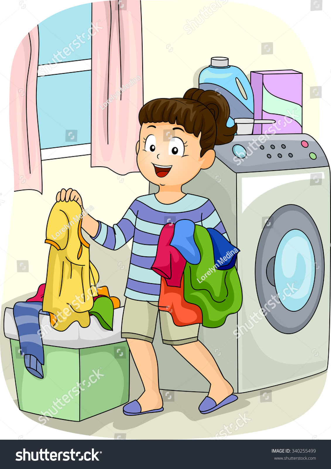 Illustration Little Girl Collecting Clothes Hamper Stock-vektor (royaltyfri...