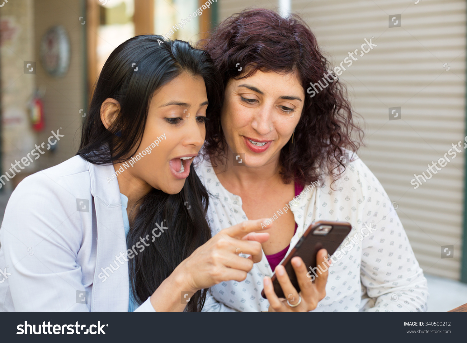 Closeup Portrait Two Surprised Girls Looking Stock Photo 340500212 ...