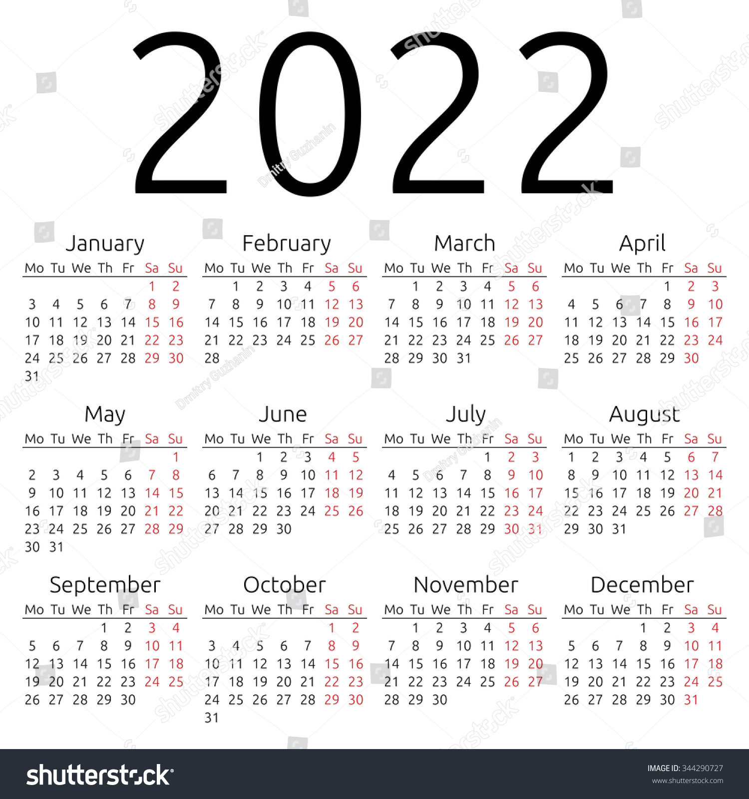 Simple 2022 Year Calendar Week Starts Stock Illustration 344290727 ...