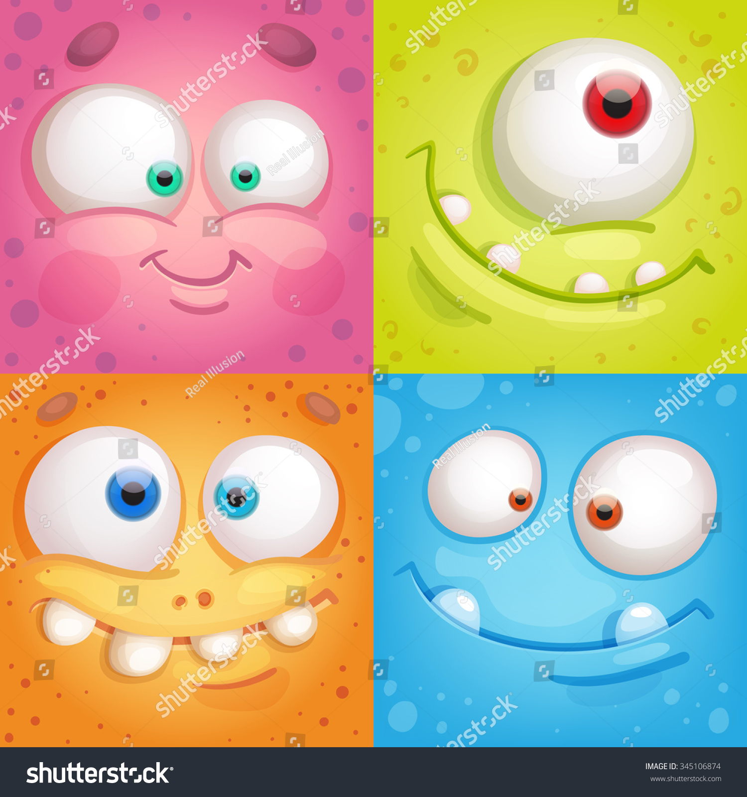 Cartoon Monster Faces Stock Vector (Royalty Free) 345106874 | Shutterstock