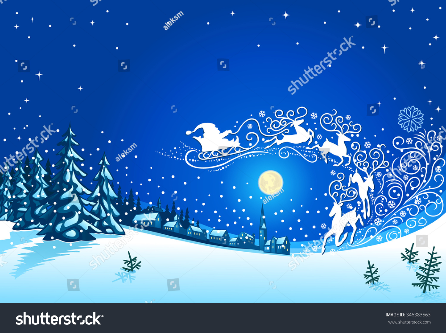 Santa Sleigh Silhouette Christmas Nihgt Landscape Stock Vector (Royalty ...