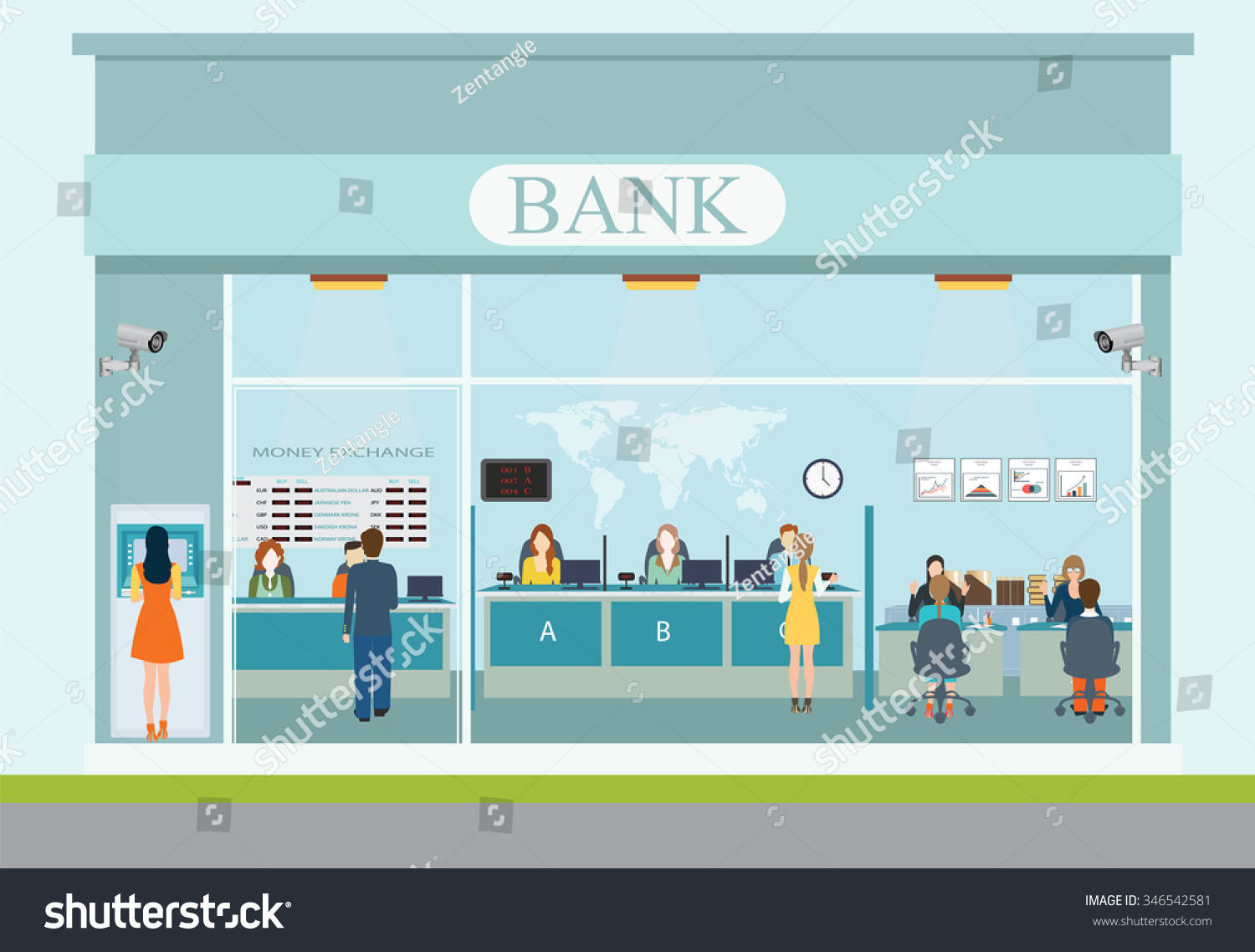 Bank Building Exterior Interior Counter Desk Stock Vector (Royalty Free ...