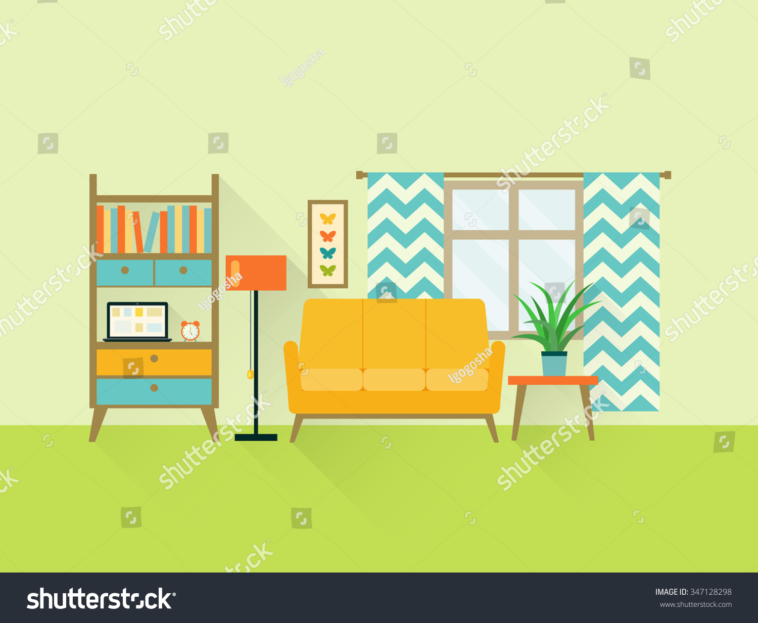 Flat Retro Living Room Sofa Window Stock Vector (Royalty Free ...