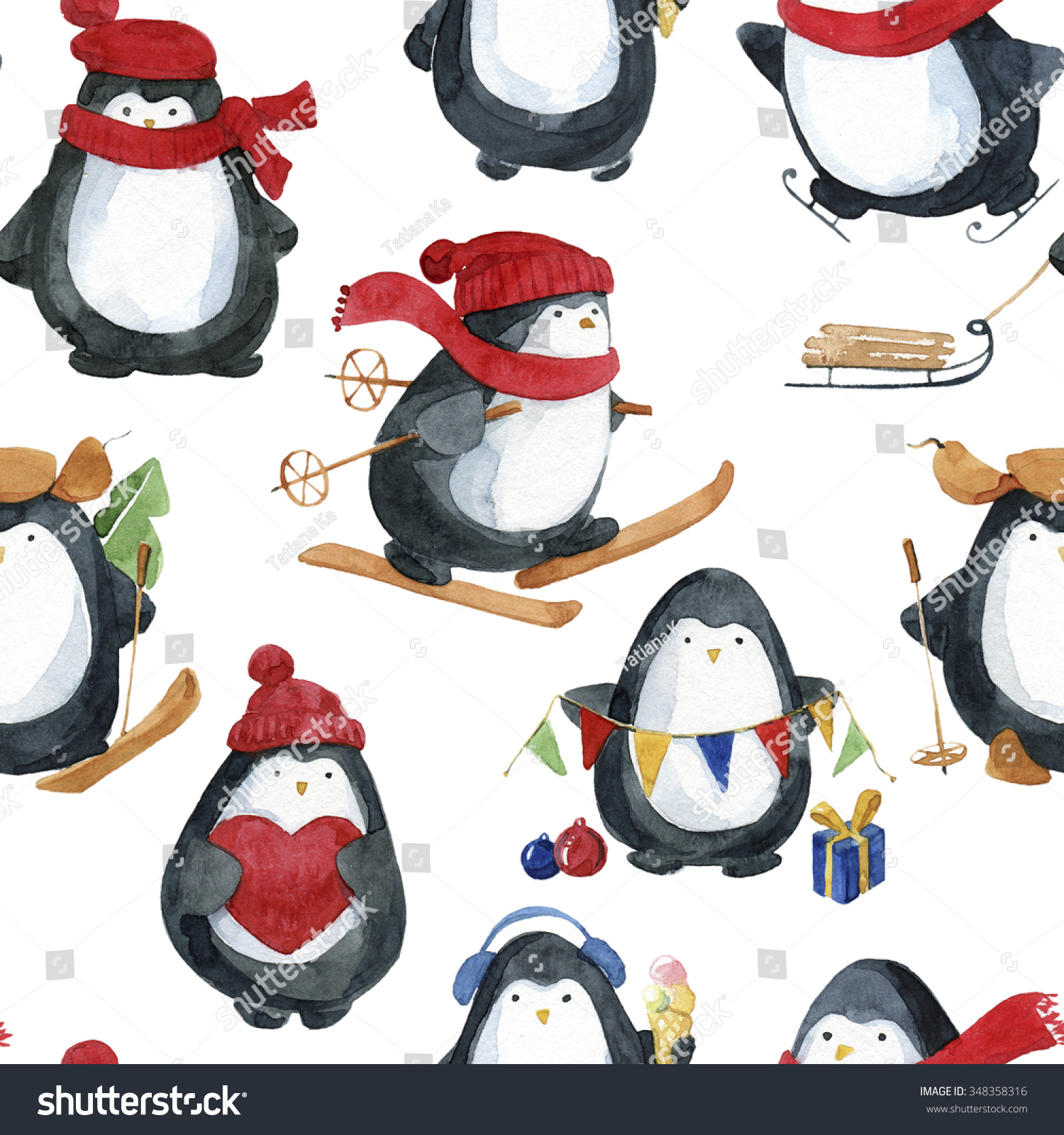 Пингвин новый год акварель