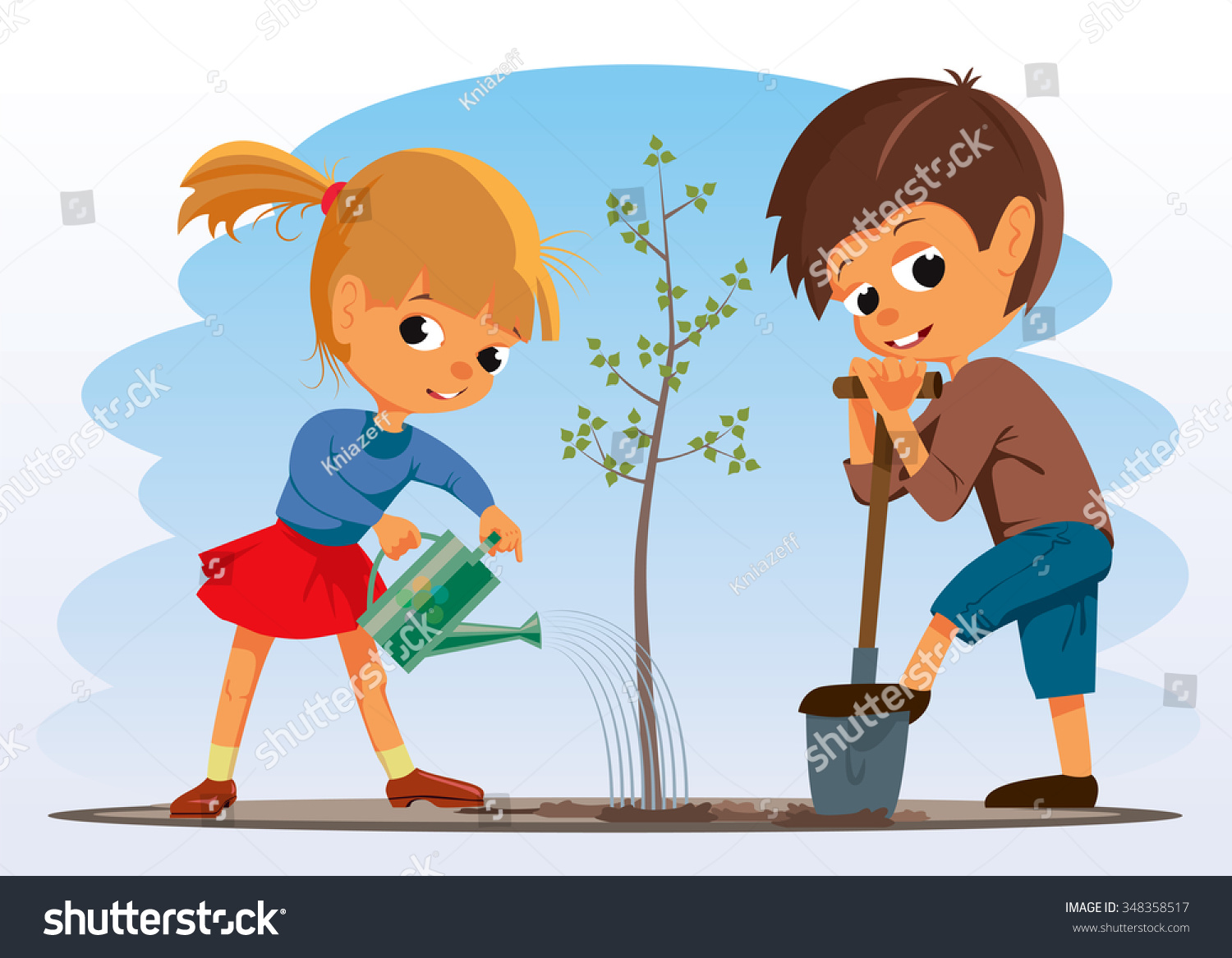 Girl Boy Planted Tree Vector Illustration Stock Vector (Royalty Free ...