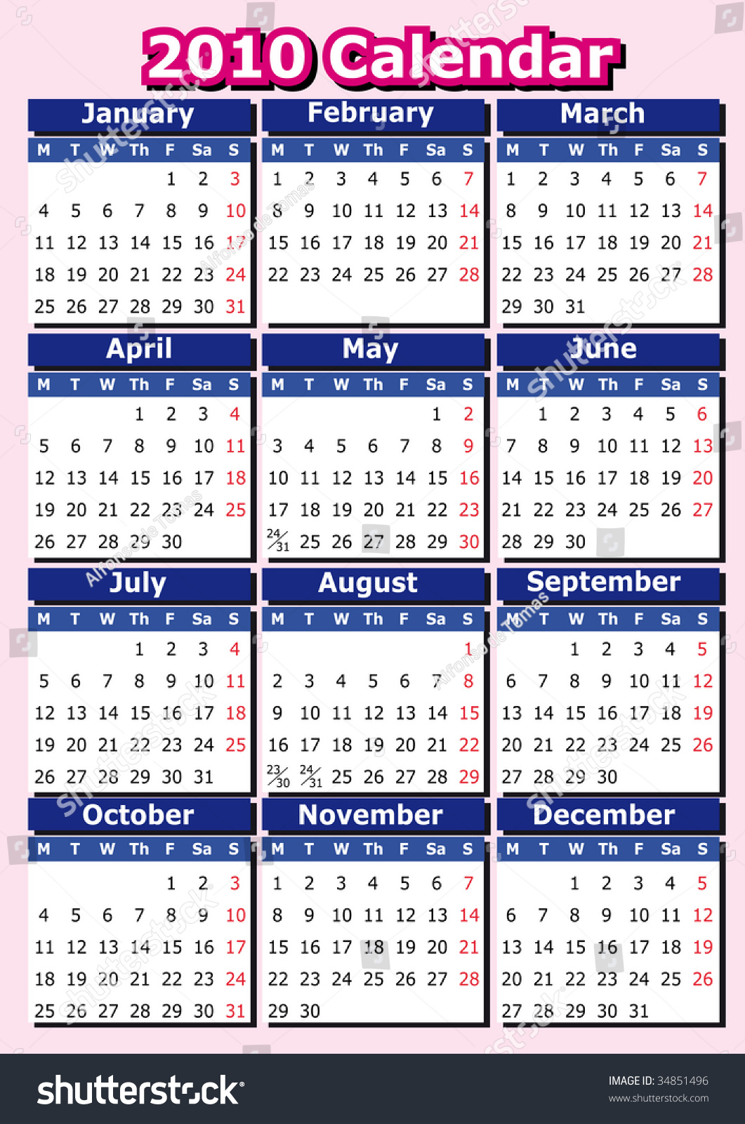 English 2010 Vector Calendar Week Starts Stock Vector (Royalty Free ...