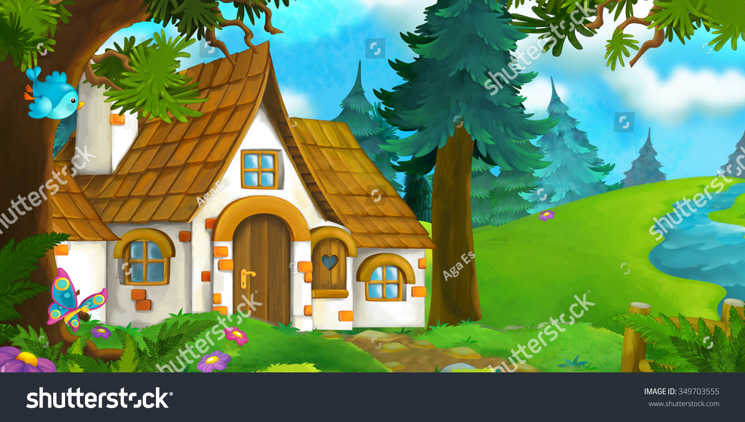 Сказочный домик в лесу мультяшный