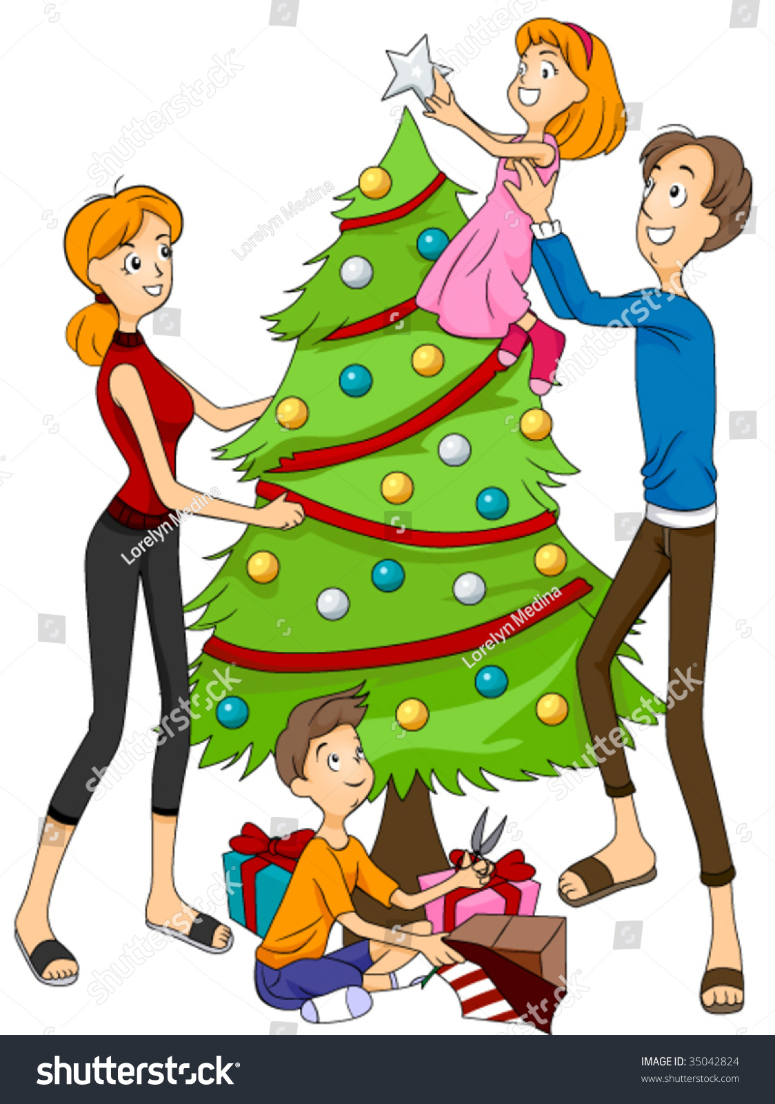 family decorating christmas tree clipart