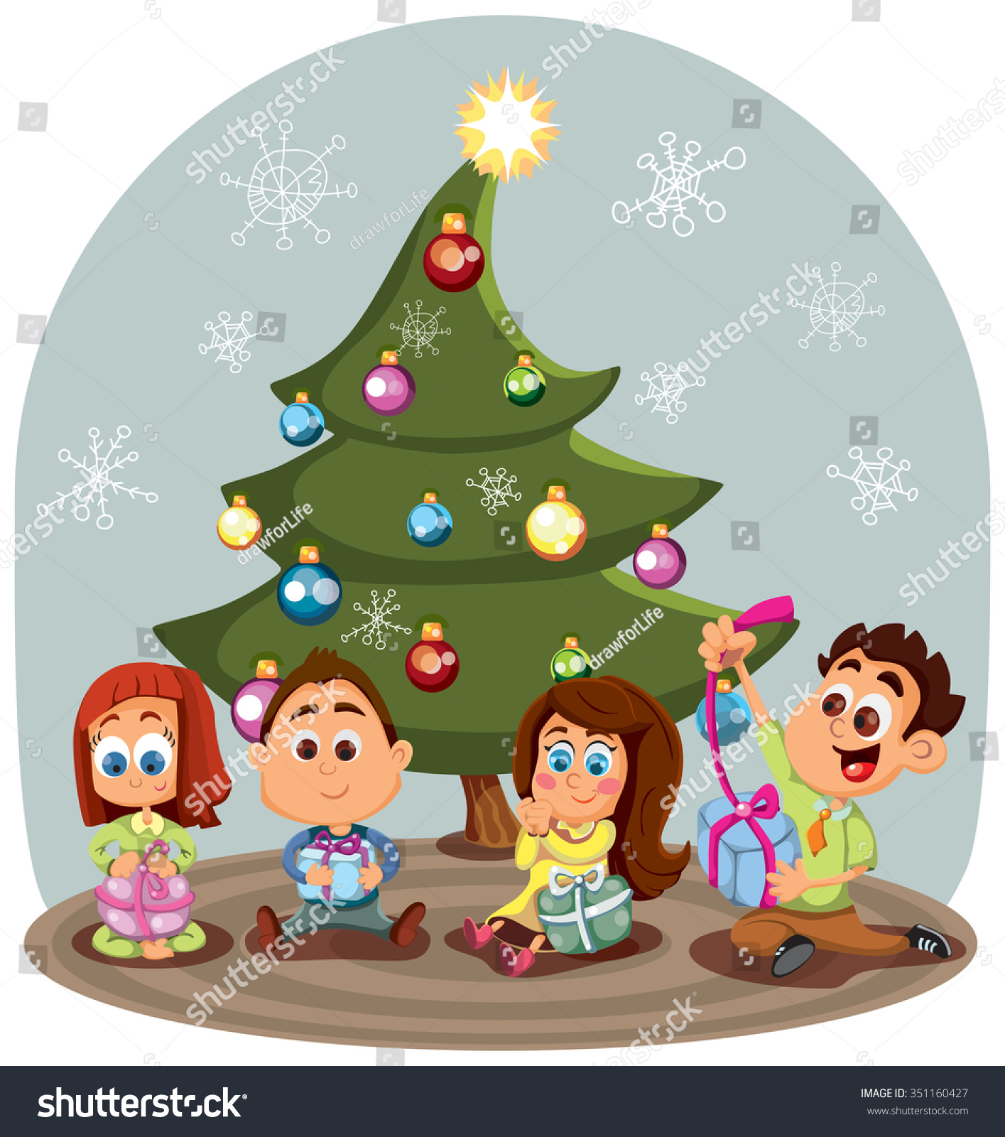 kids opening christmas presents clipart