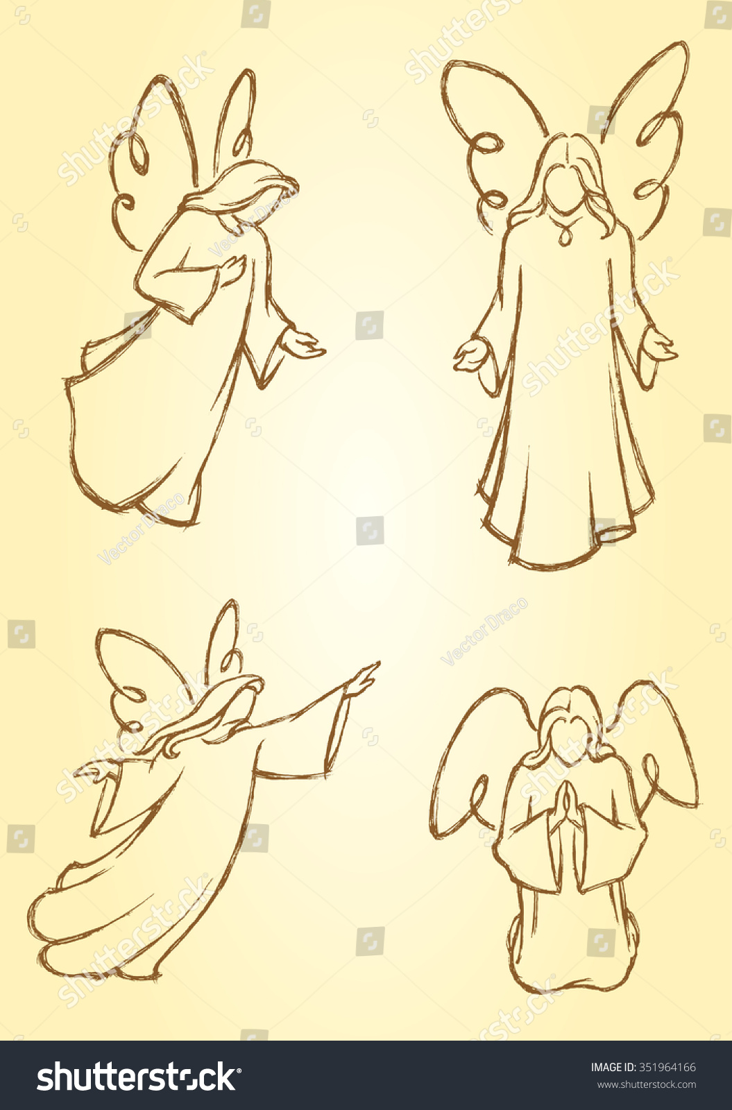 Meditating Angelsvariation Hand Drawn Angel Set Stock Vector (Royalty ...