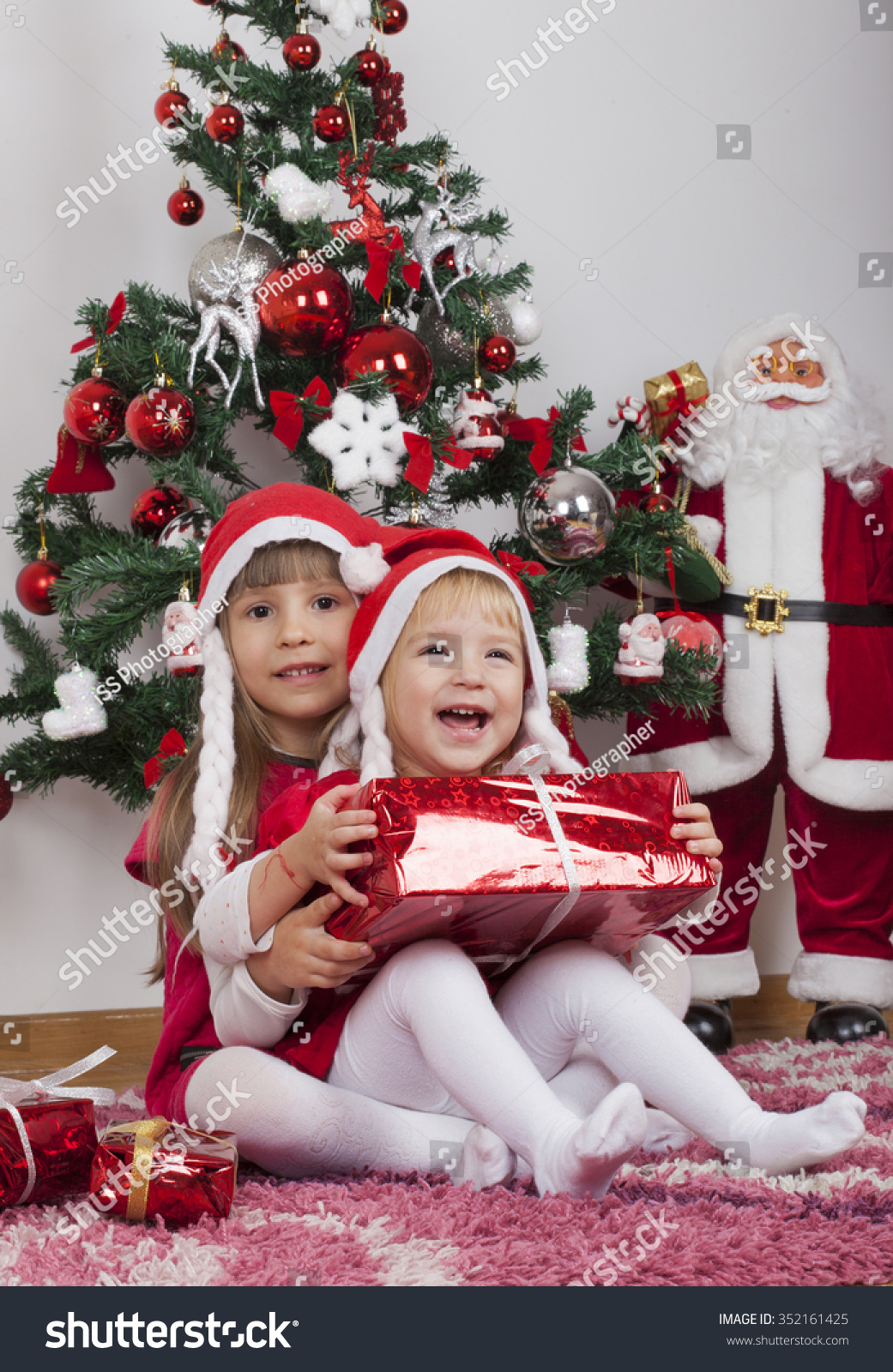 Beautiful Happy Little Girls Red Dresses Stock Photo 352161425 