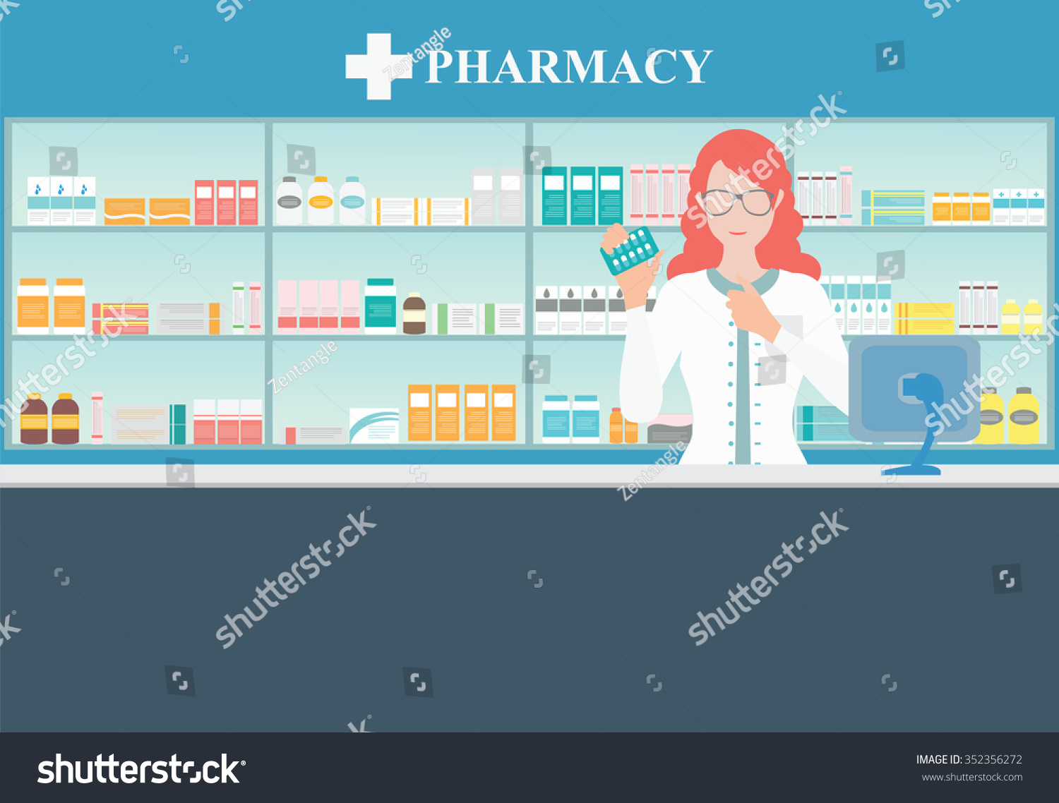 Female Pharmacist Counter Pharmacy Opposite Shelves Stock Vector ...