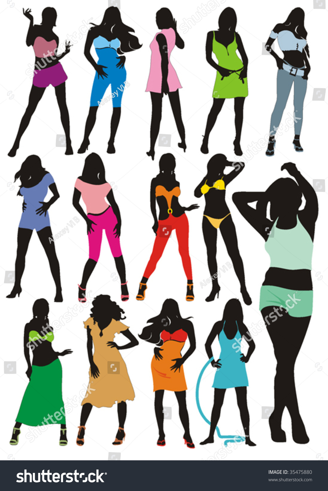 Vektor Stok Sexy Girls Group Elegance Silhouettes Set Tanpa Royalti Shutterstock