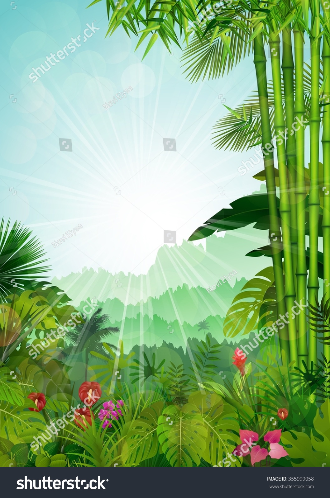 Forest Landscape Tropical Background Sunraysvector Stock Vector 