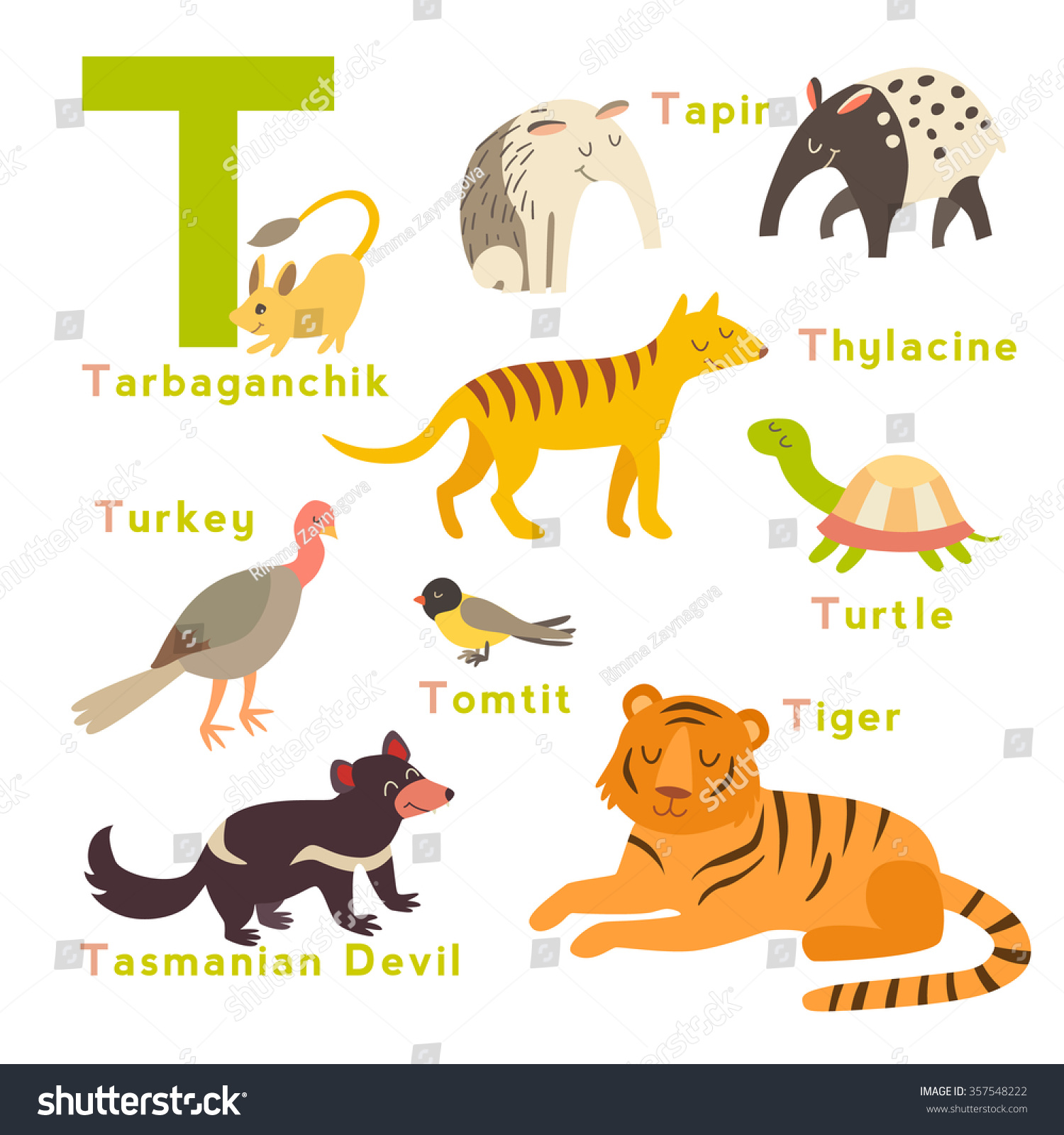 Vektor Stok T Letter Animals Set English Alphabet (Tanpa Royalti