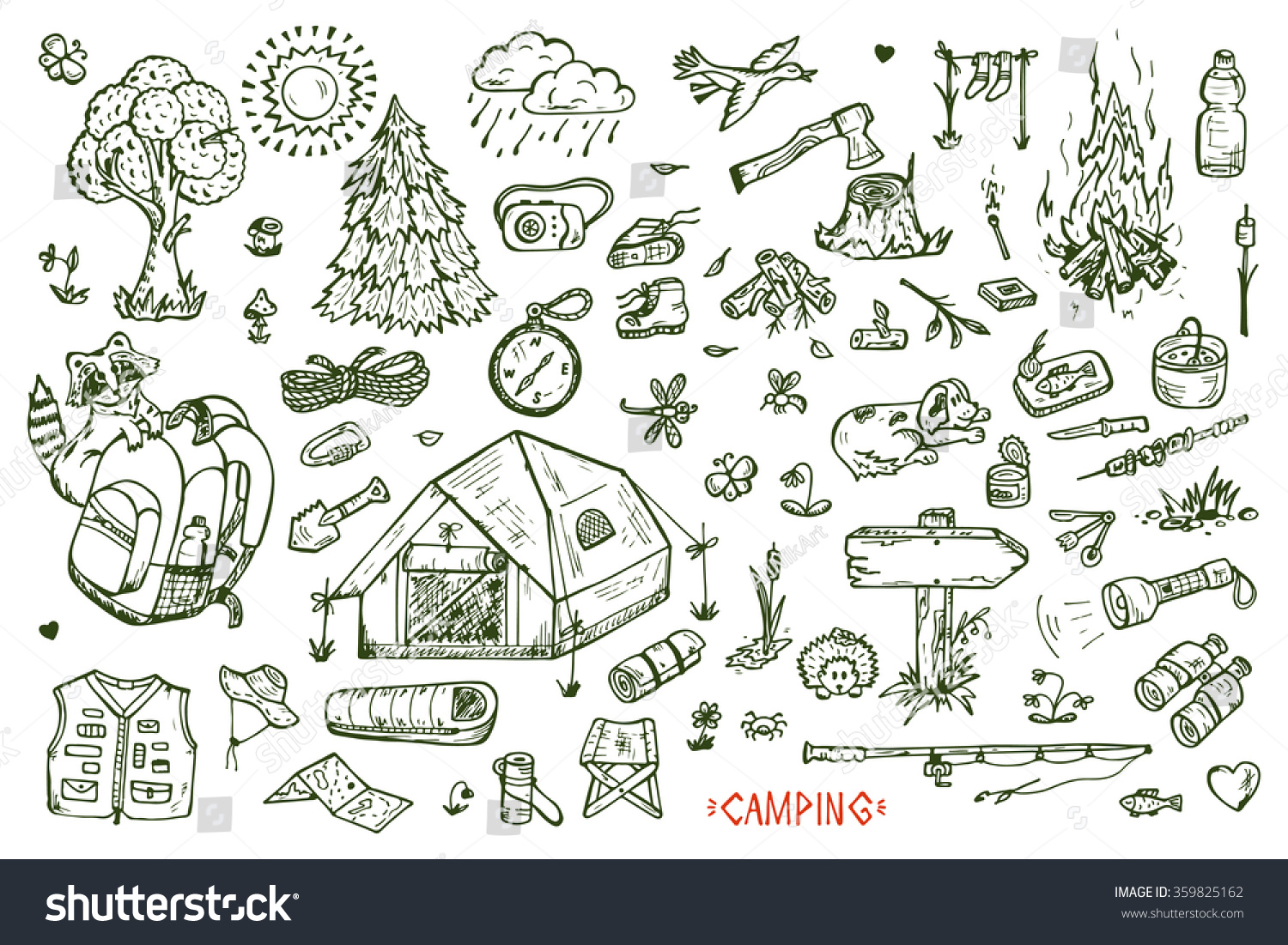 Tourism Camping Set Hand Drawn Doodle Stock Vector (Royalty Free ...