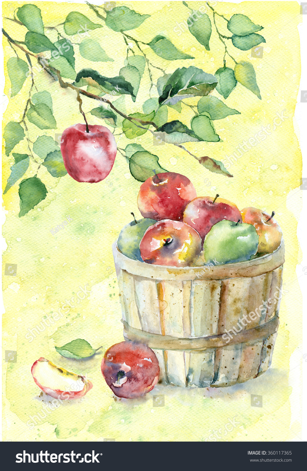 Яблоки в корзине акварель