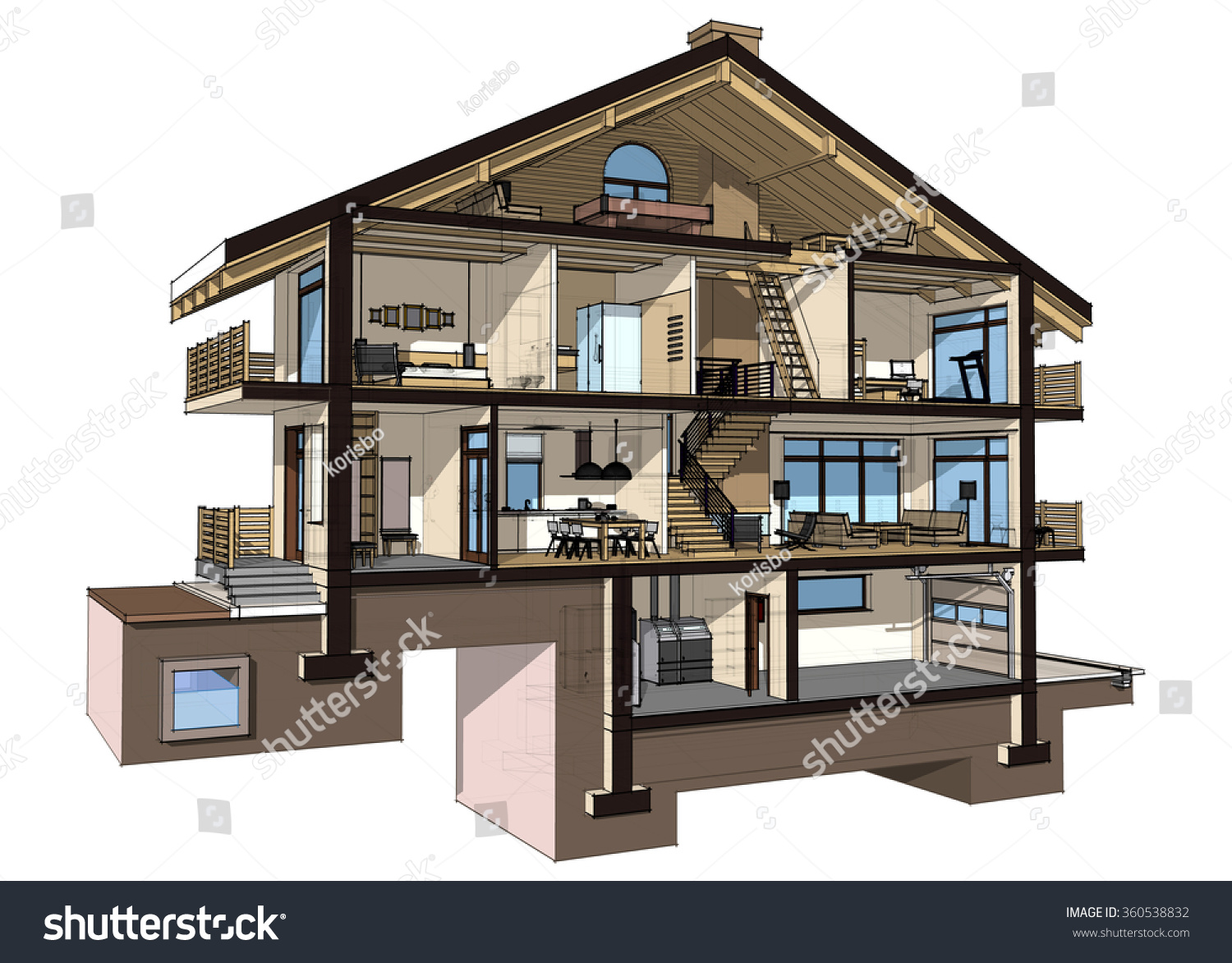 Многоквартирный 3d дом в разрезе