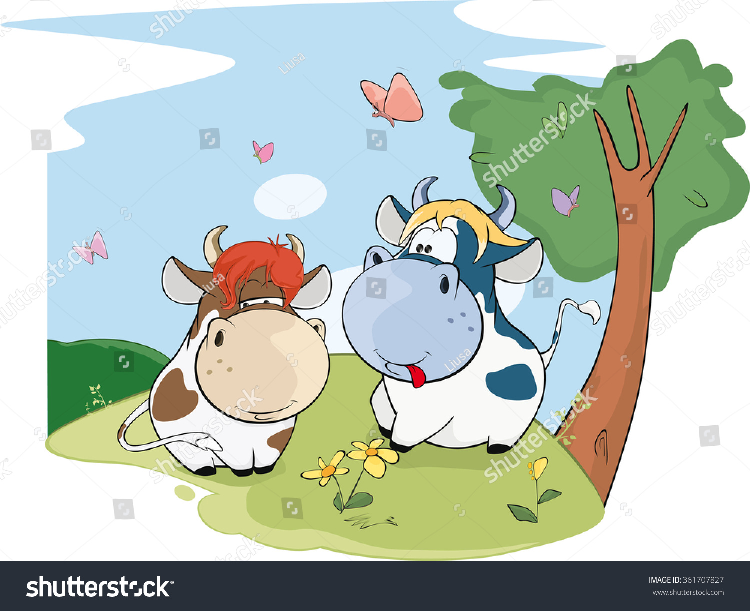 Vector Illustration Two Cute Cows Stock Vector (Royalty Free) 361707827 ...